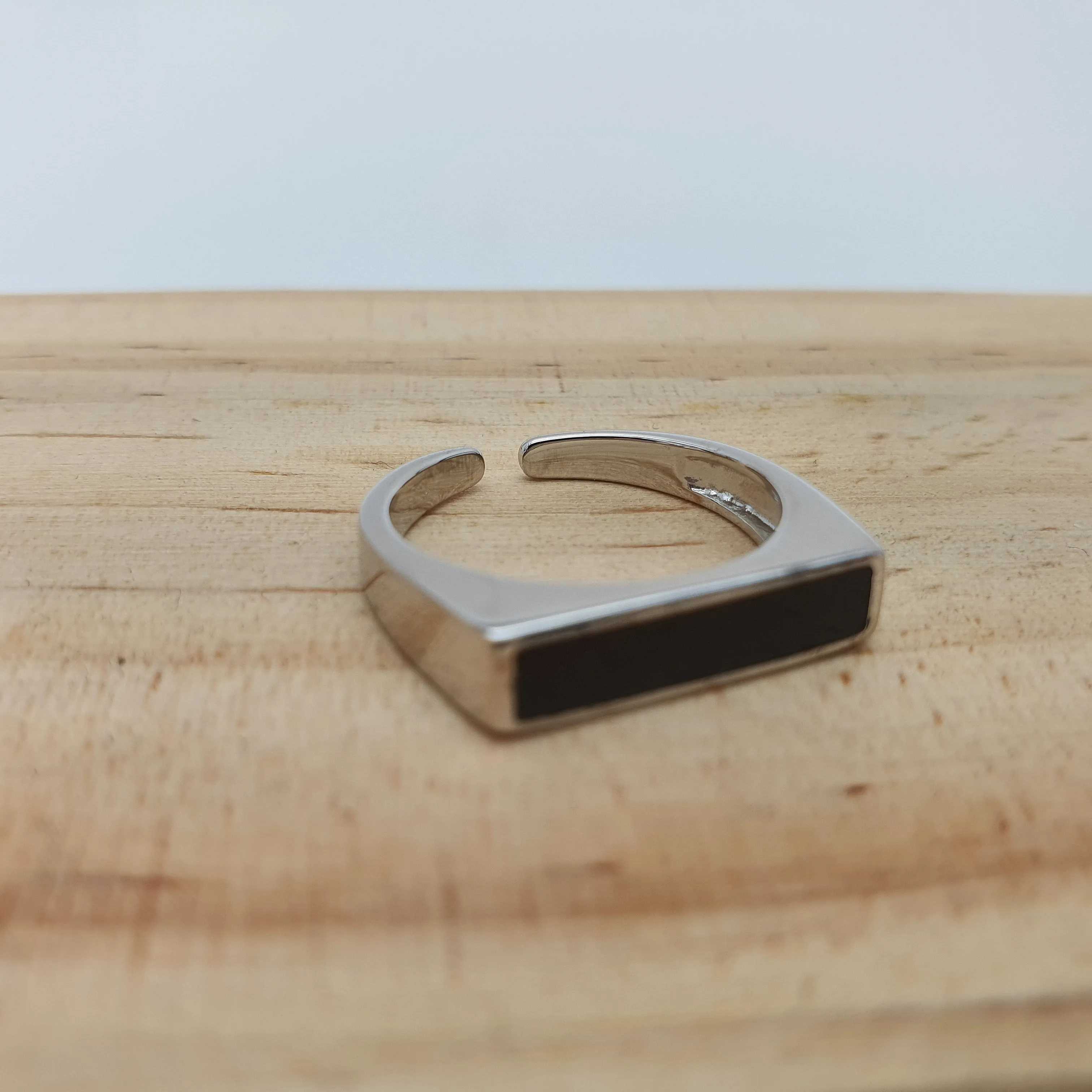 Black Rectangle Onyx Open Ring, Sterling Silver