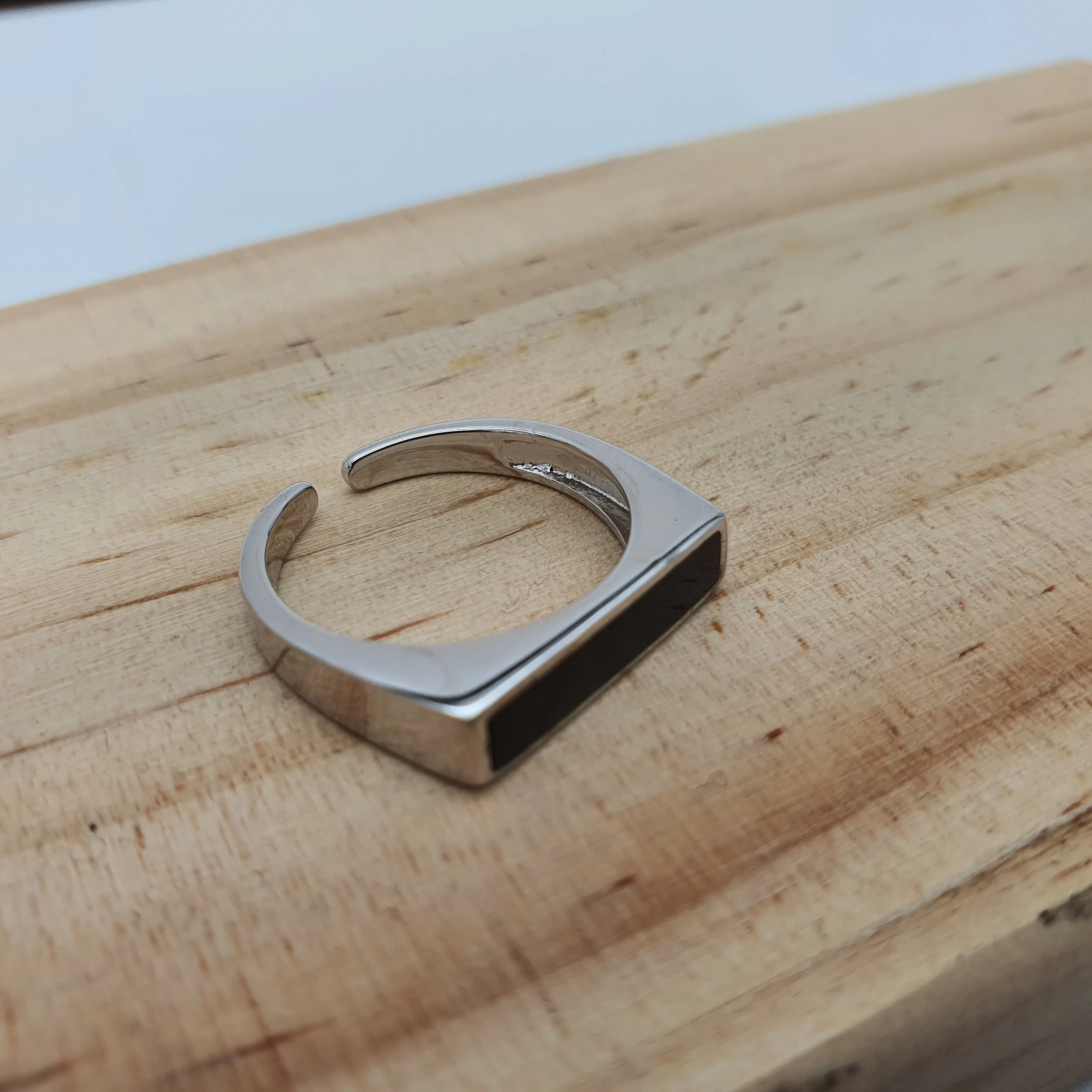 Black Rectangle Onyx Open Ring, Sterling Silver