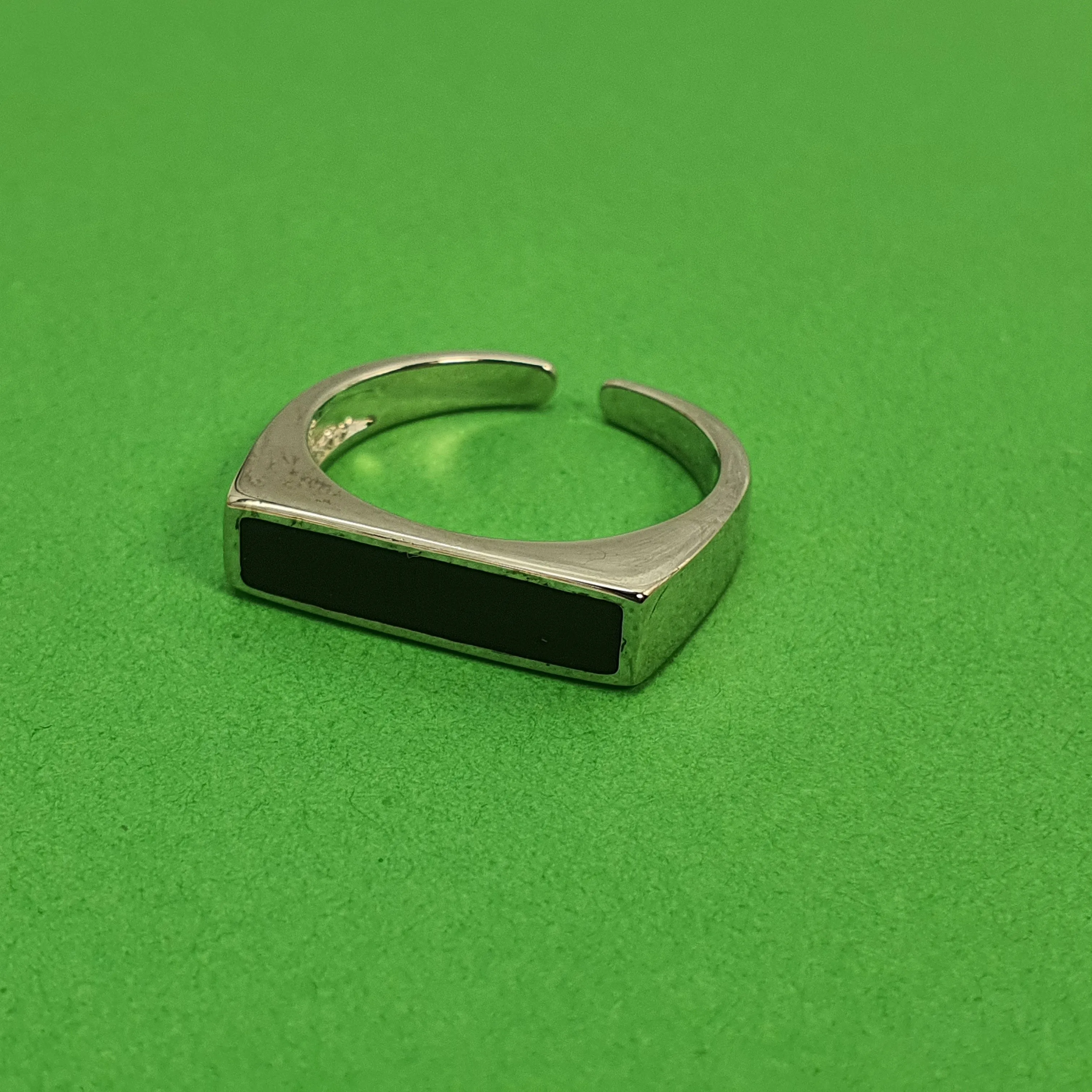 Black Rectangle Onyx Open Ring, Sterling Silver