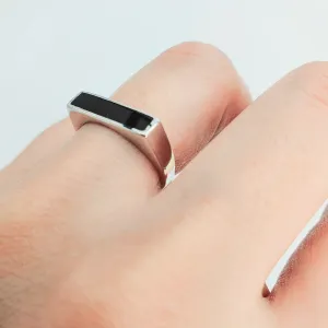 Black Rectangle Onyx Open Ring, Sterling Silver