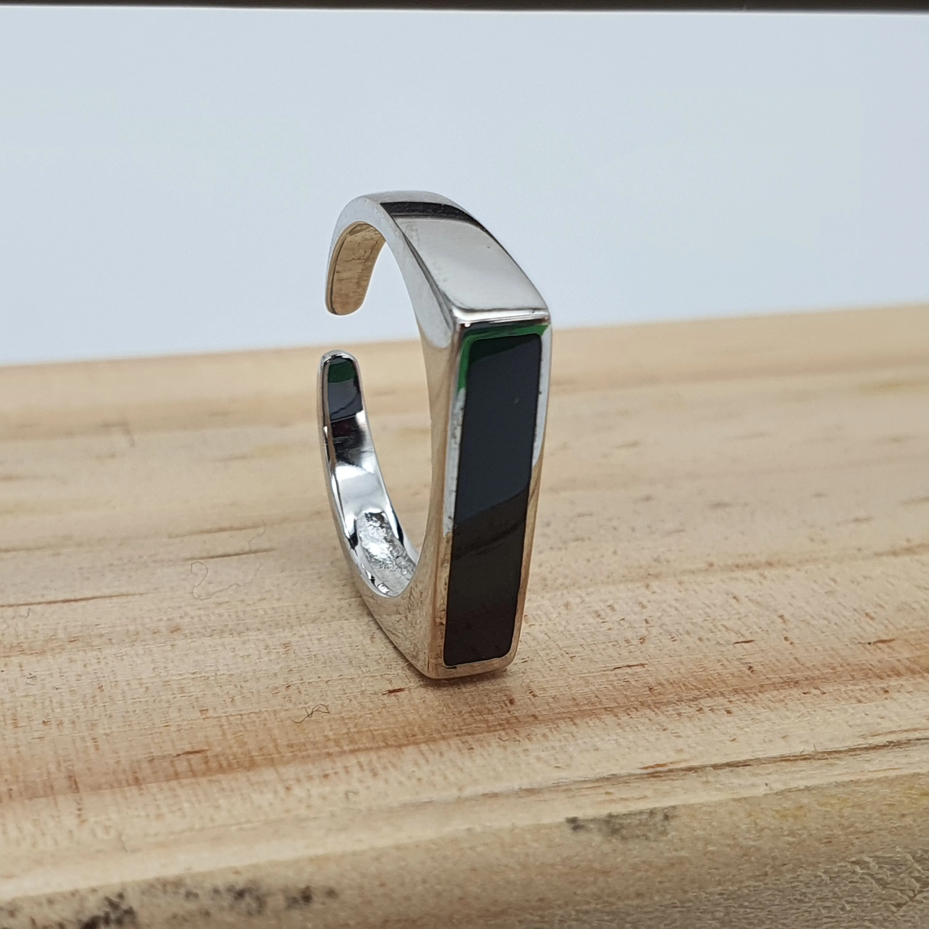 Black Rectangle Onyx Open Ring, Sterling Silver