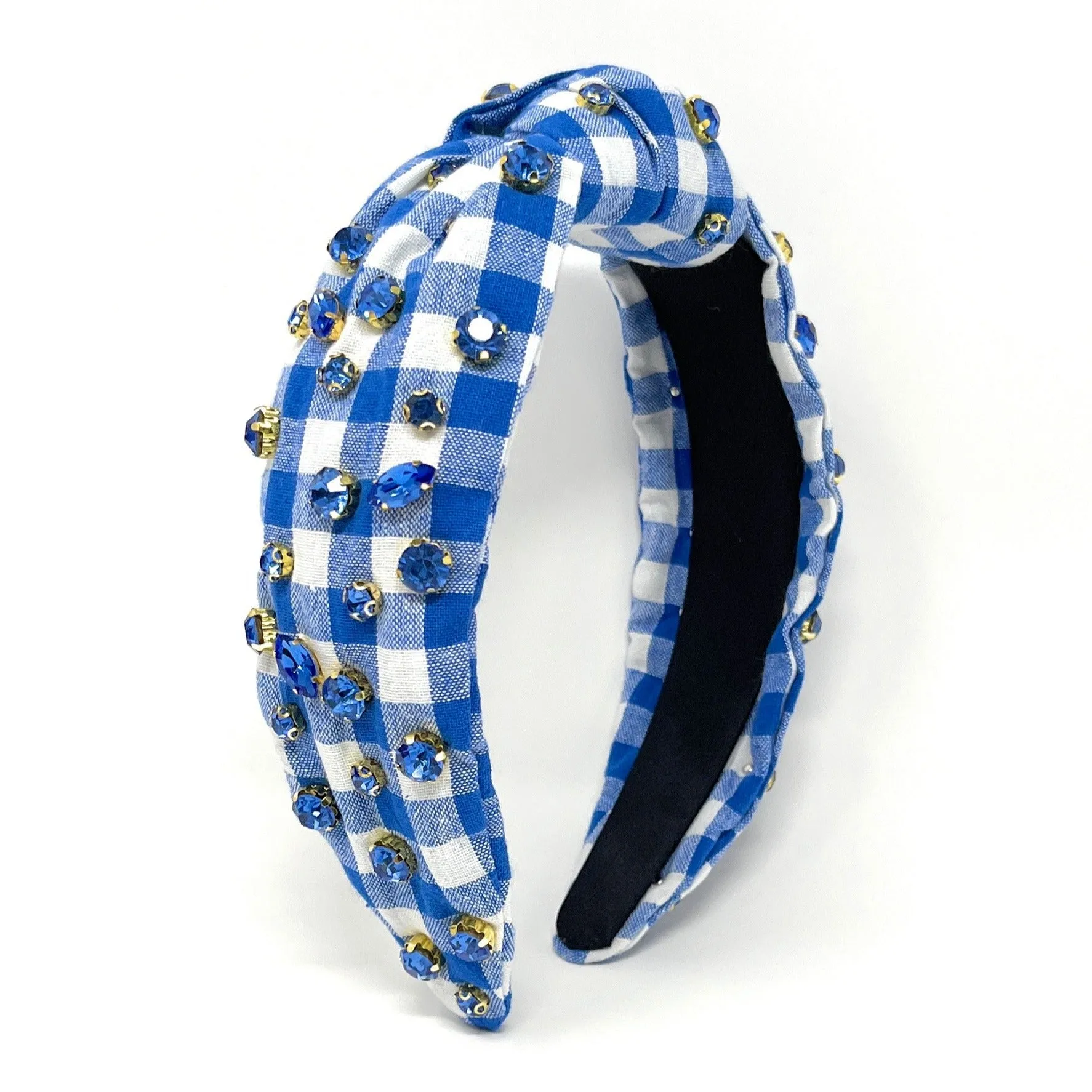 Blue Gingham Jeweled Knot Headband