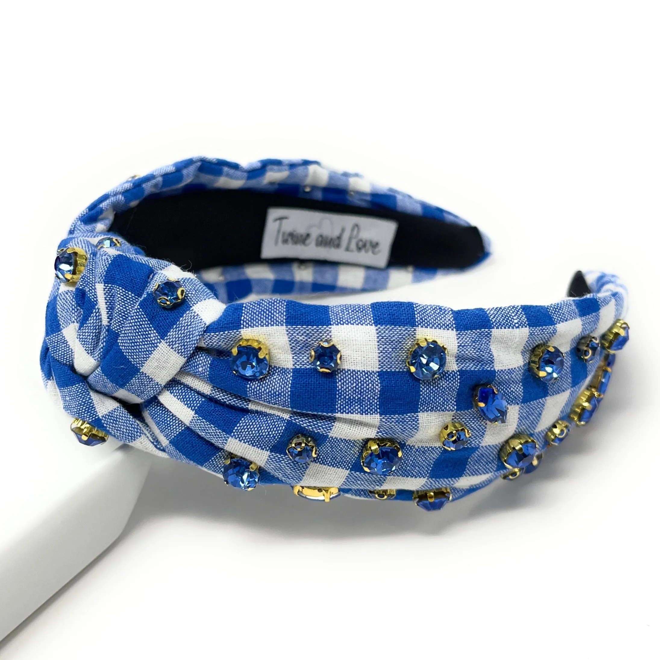 Blue Gingham Jeweled Knot Headband