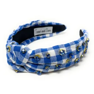 Blue Gingham Jeweled Knot Headband