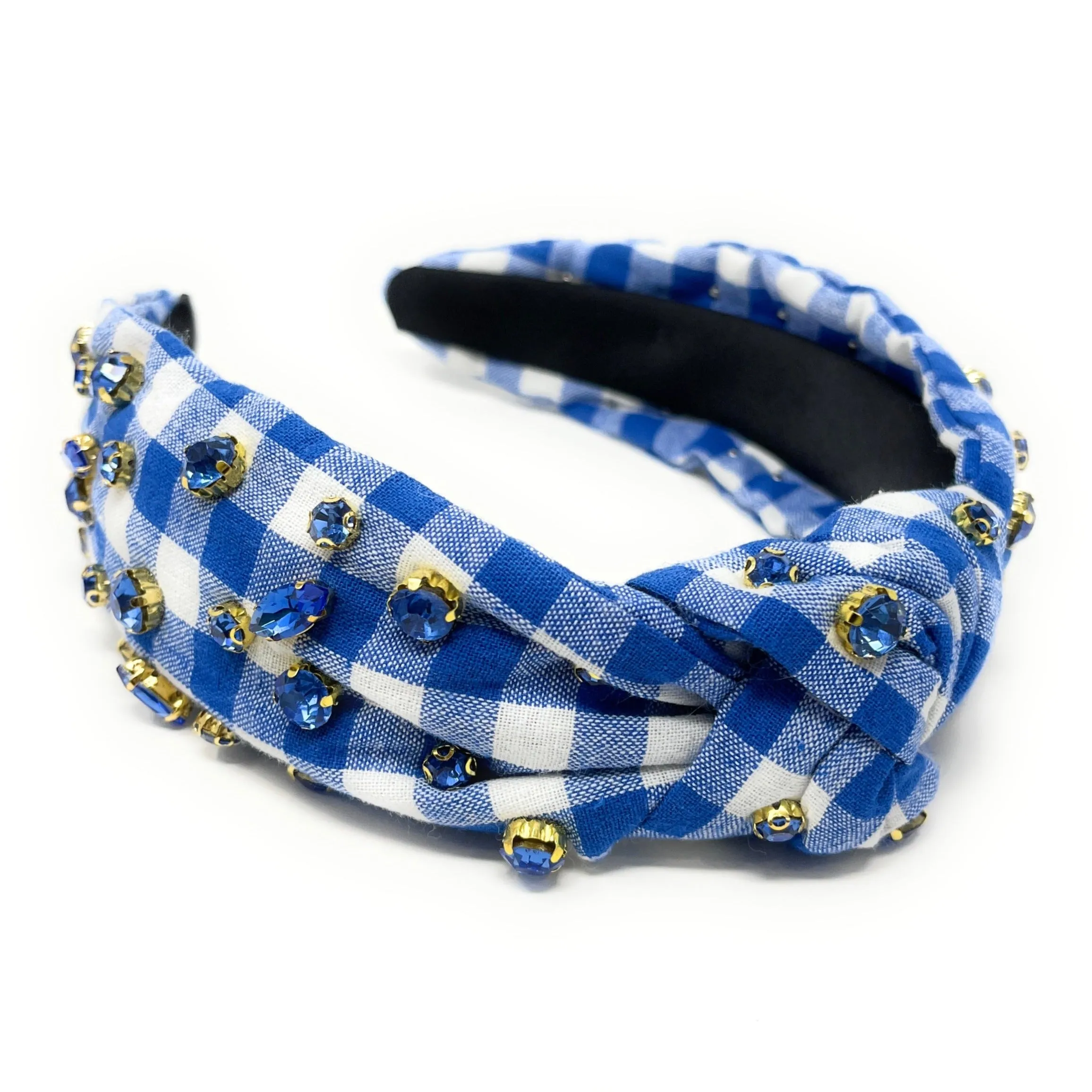 Blue Gingham Jeweled Knot Headband