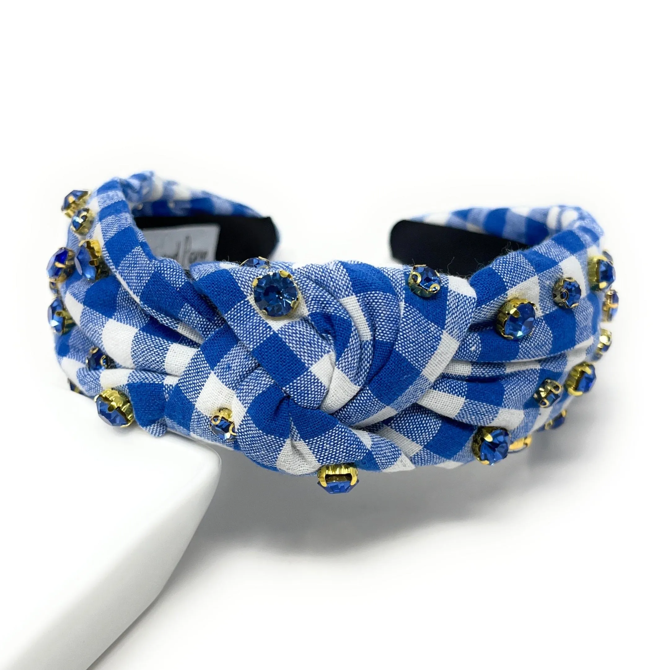 Blue Gingham Jeweled Knot Headband