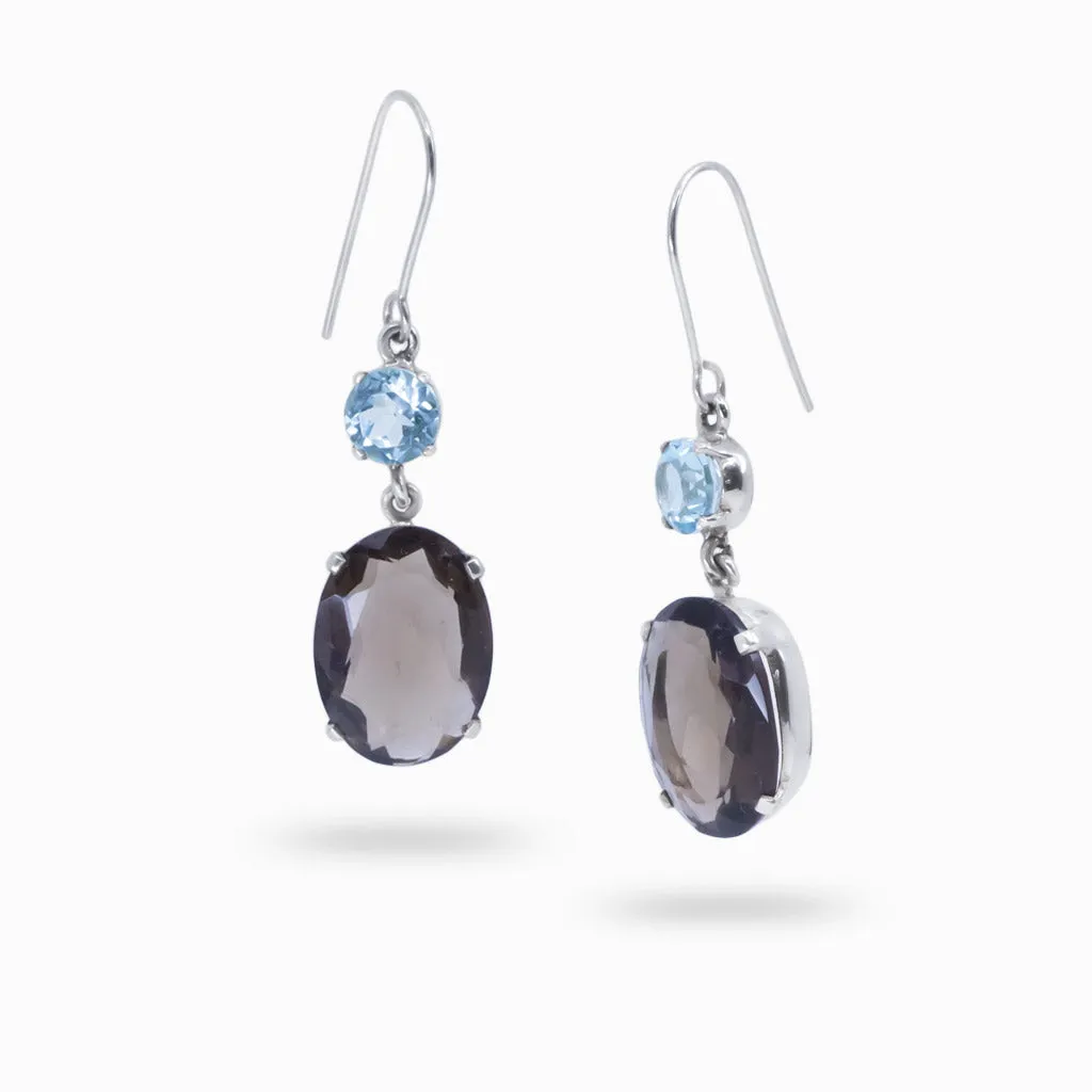 Blue Topaz and Smokey Quartz Drop Earrings