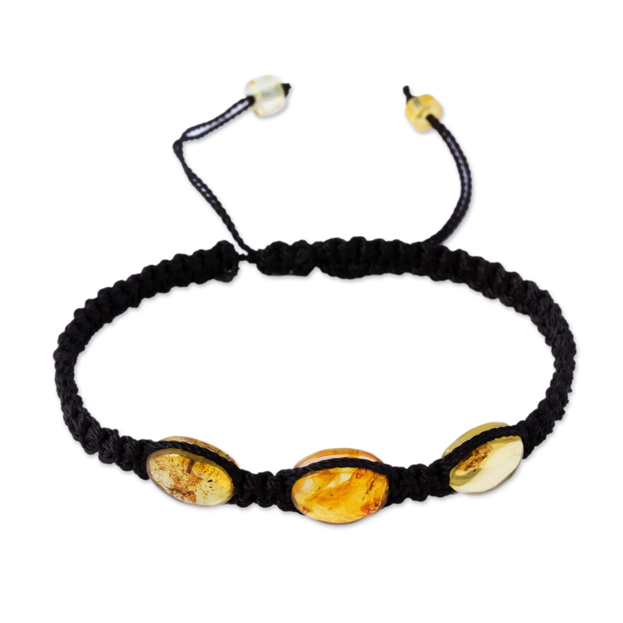 Braided Nylon Bracelet with Mexican Amber in Black - Amber Night | NOVICA