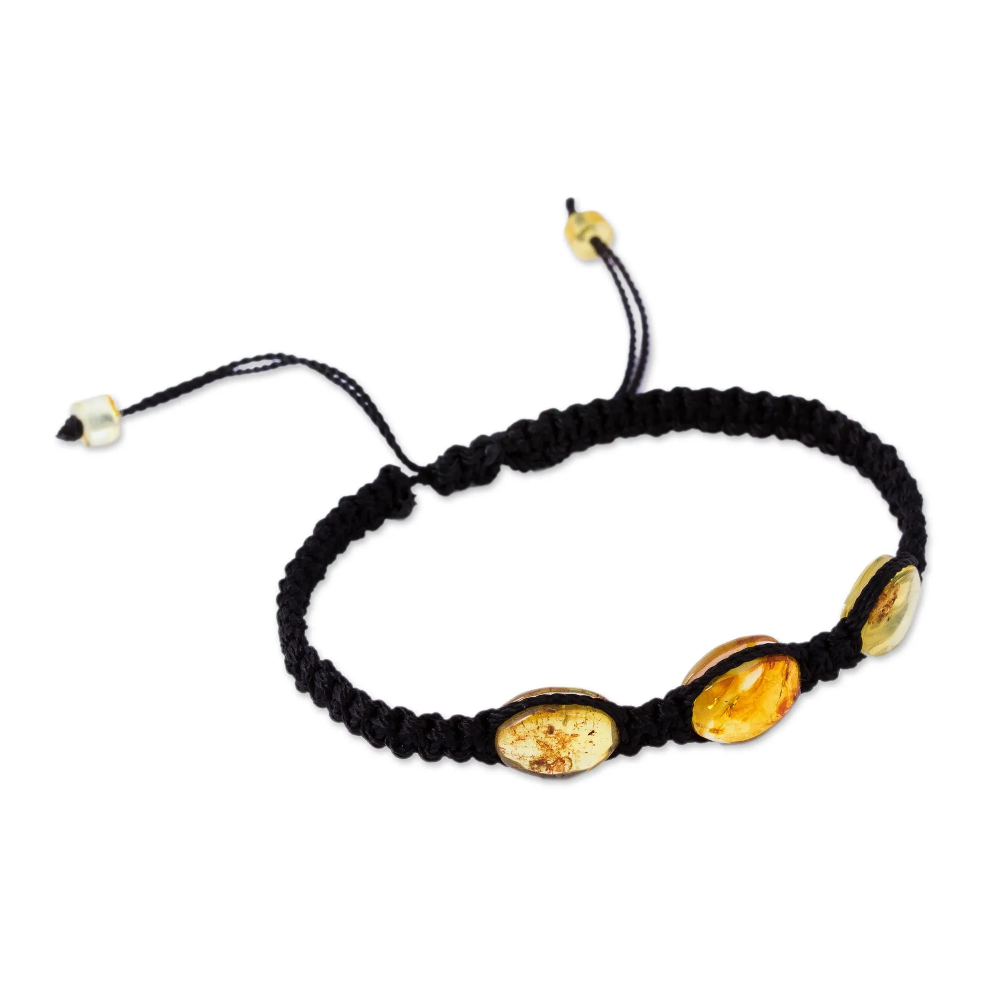 Braided Nylon Bracelet with Mexican Amber in Black - Amber Night | NOVICA