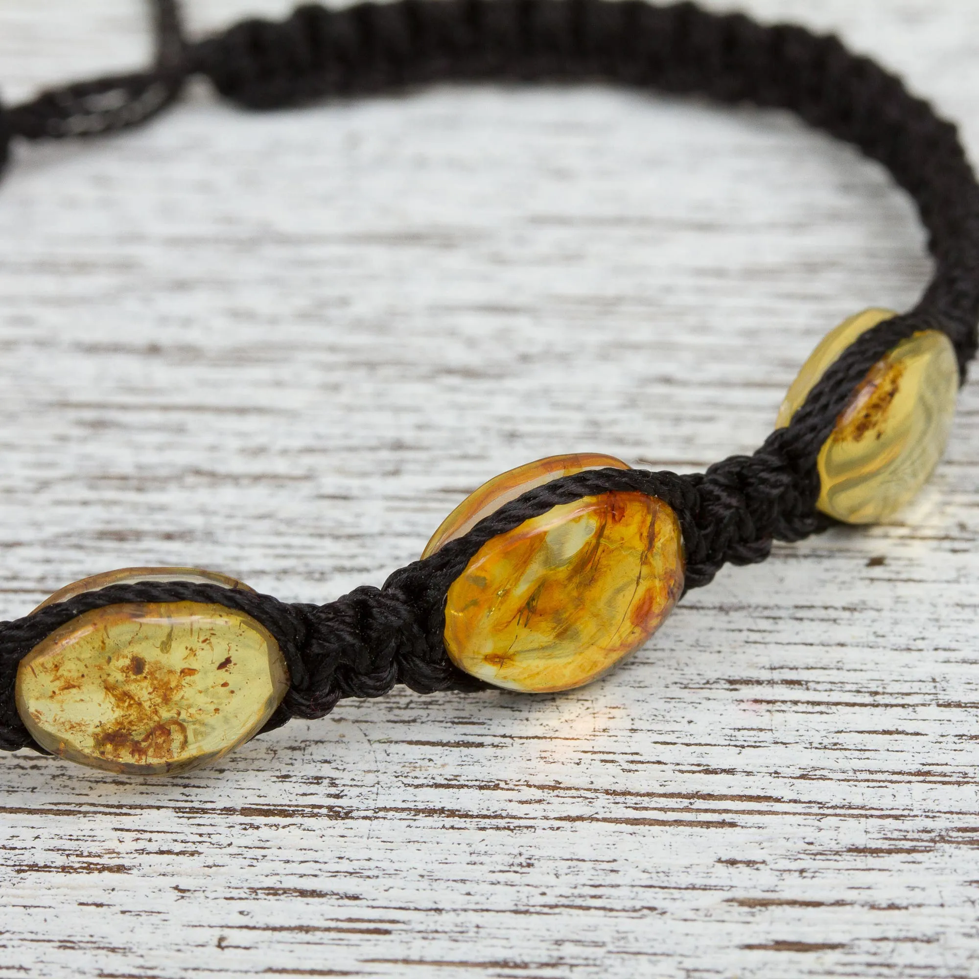 Braided Nylon Bracelet with Mexican Amber in Black - Amber Night | NOVICA