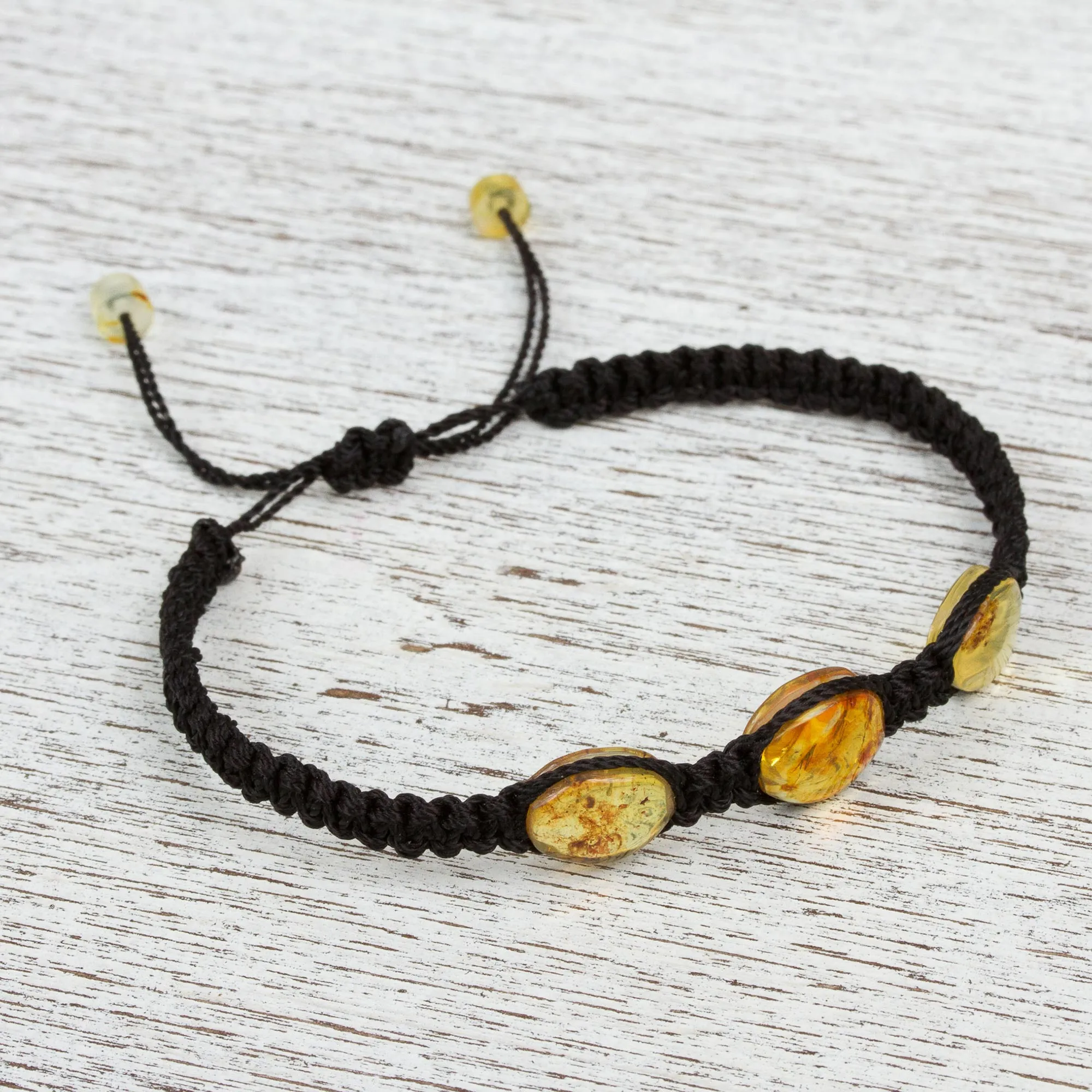Braided Nylon Bracelet with Mexican Amber in Black - Amber Night | NOVICA