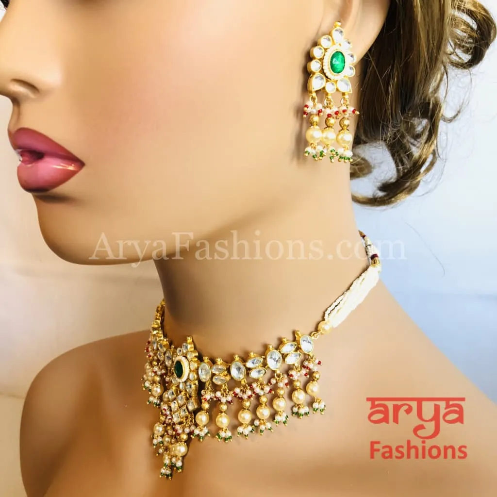 Bridal Pearl Emerald Ruby Kundan Choker Necklace with Earrings