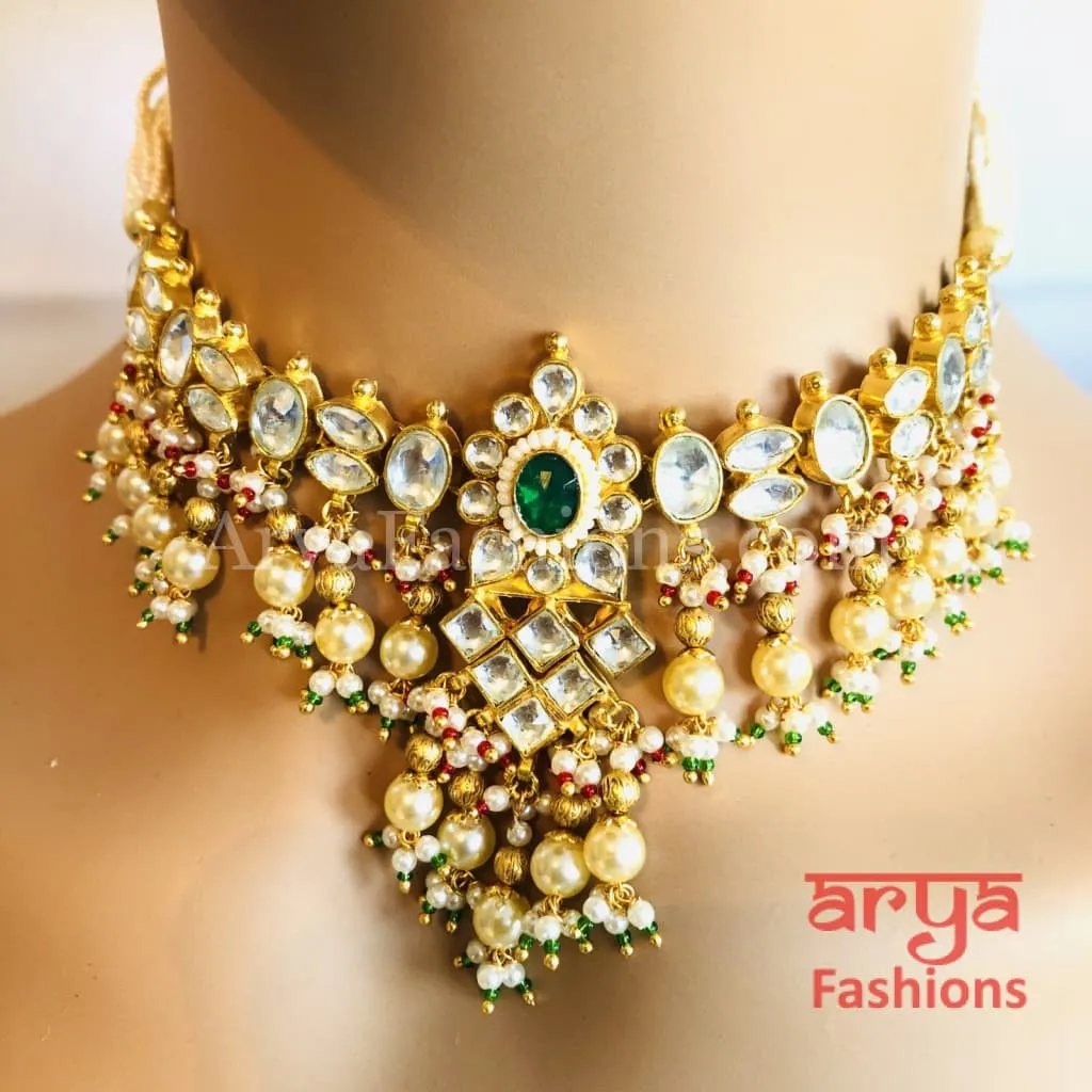 Bridal Pearl Emerald Ruby Kundan Choker Necklace with Earrings