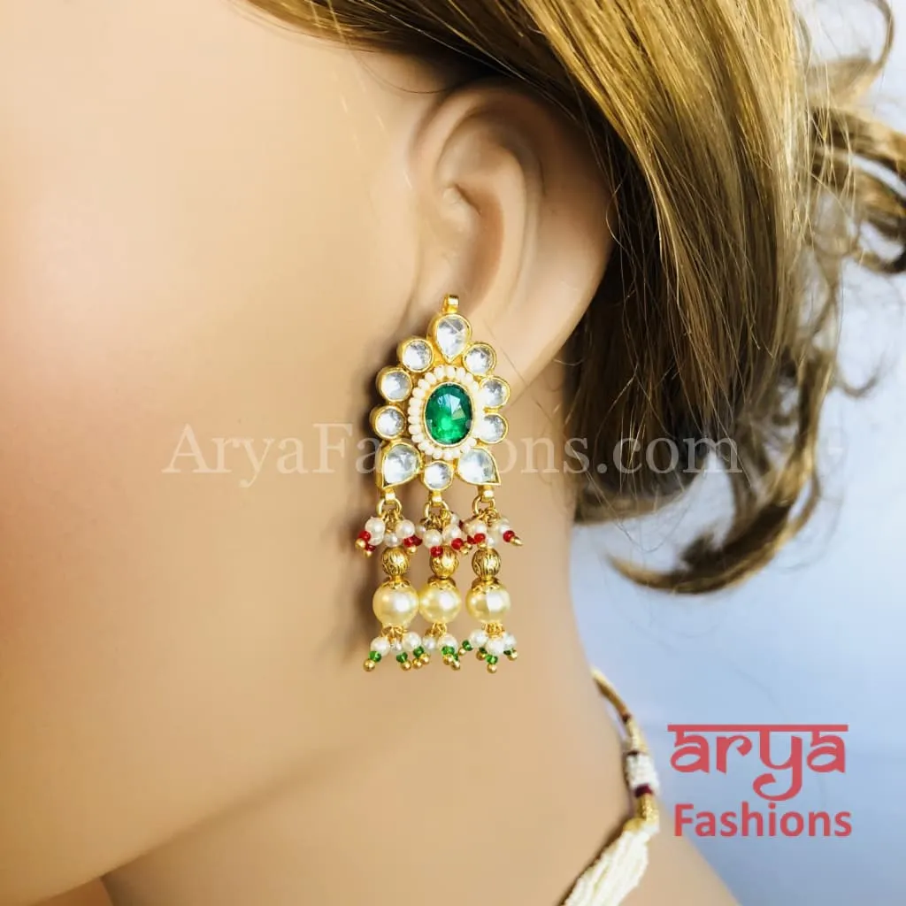 Bridal Pearl Emerald Ruby Kundan Choker Necklace with Earrings