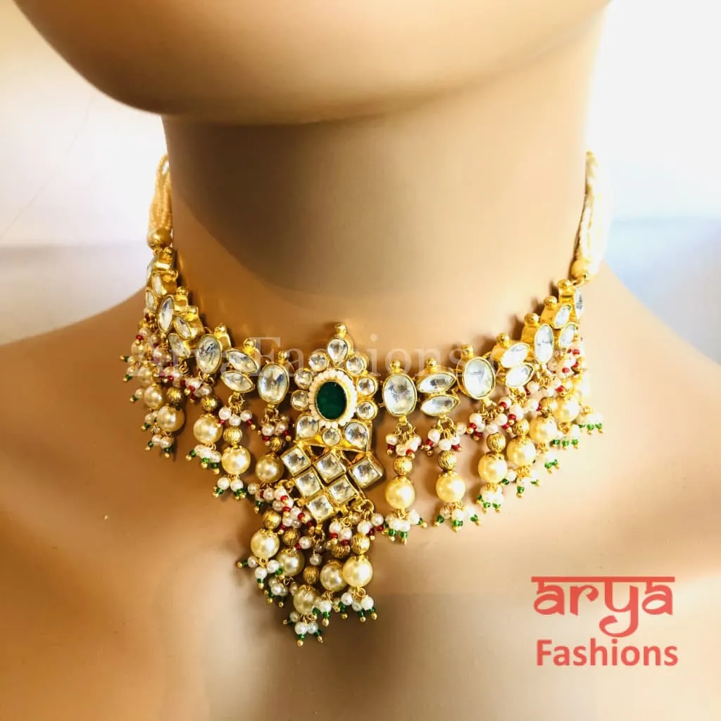 Bridal Pearl Emerald Ruby Kundan Choker Necklace with Earrings
