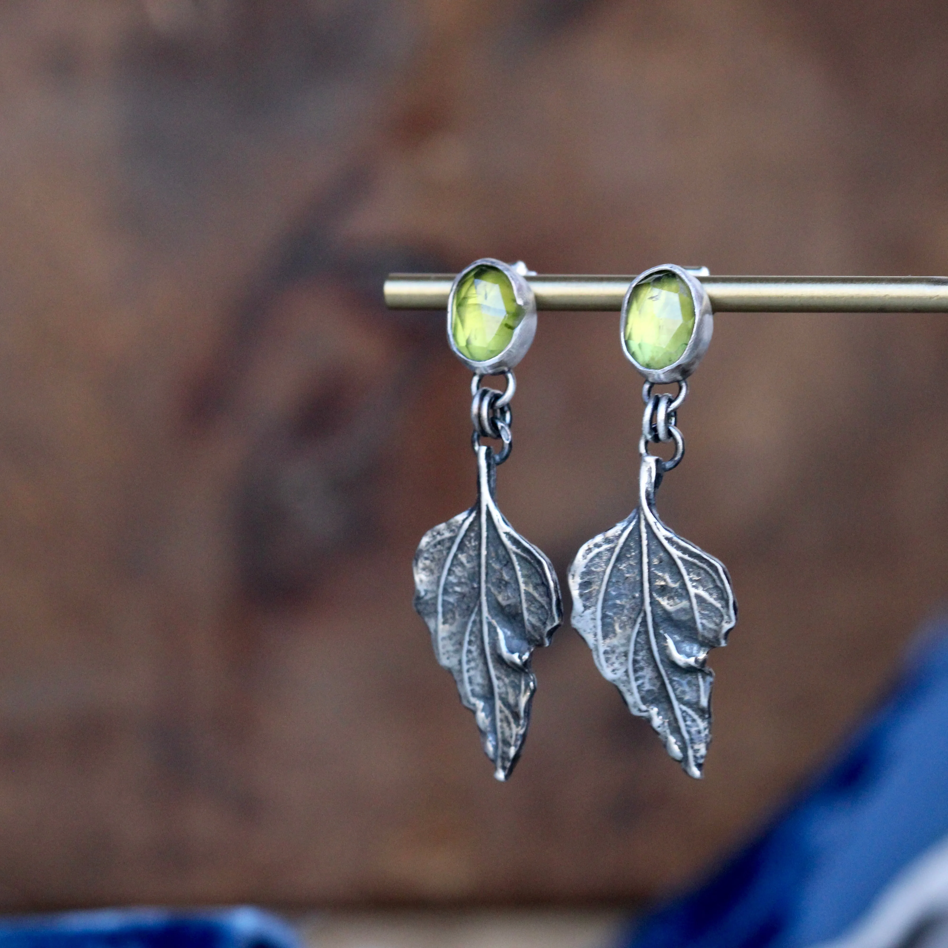 Brittlebush leaves and Peridot sterling silver Statement Earrings