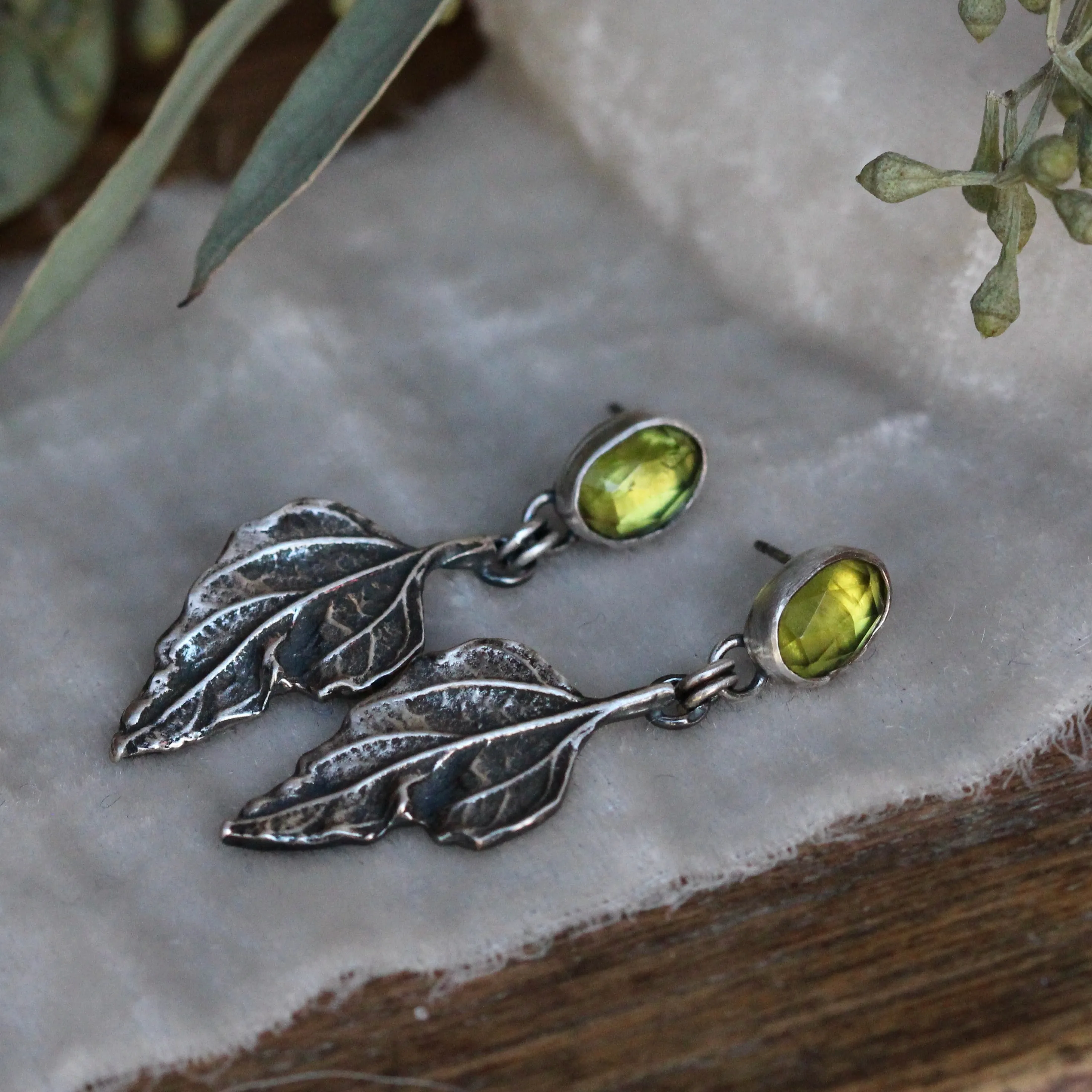 Brittlebush leaves and Peridot sterling silver Statement Earrings