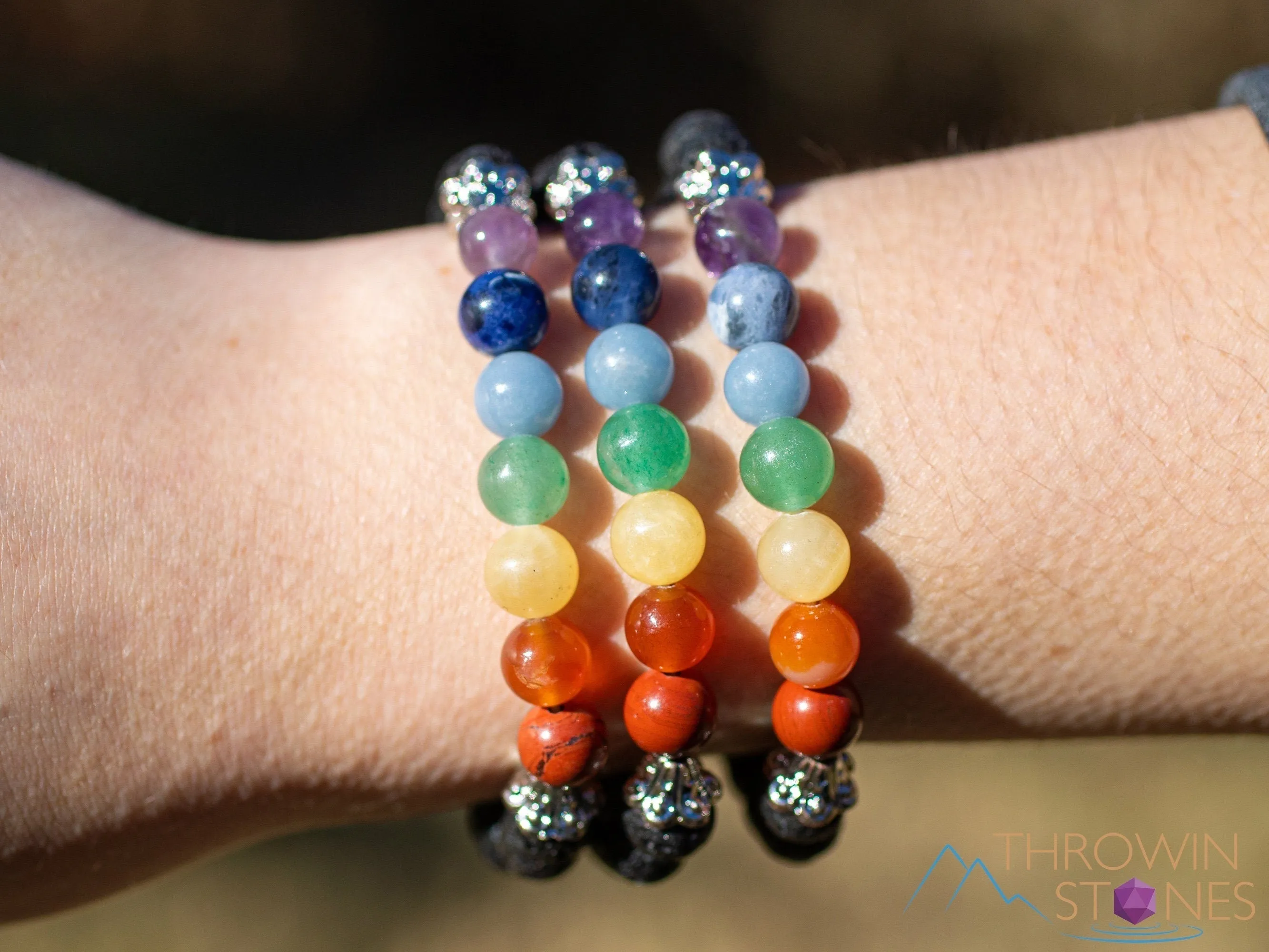 CHAKRA & LAVA ROCK Crystal Bracelet - Round Beads - Aromatherapy Diffuser Bracelet, Beaded Bracelet, Handmade Jewelry, E0459