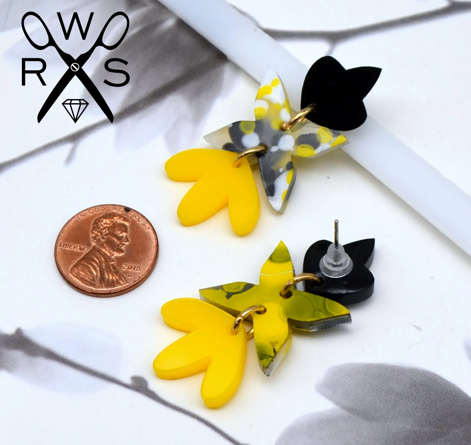 Charlotte Dangles in Yellow Ink  Laser Cut Acrylic Earrings