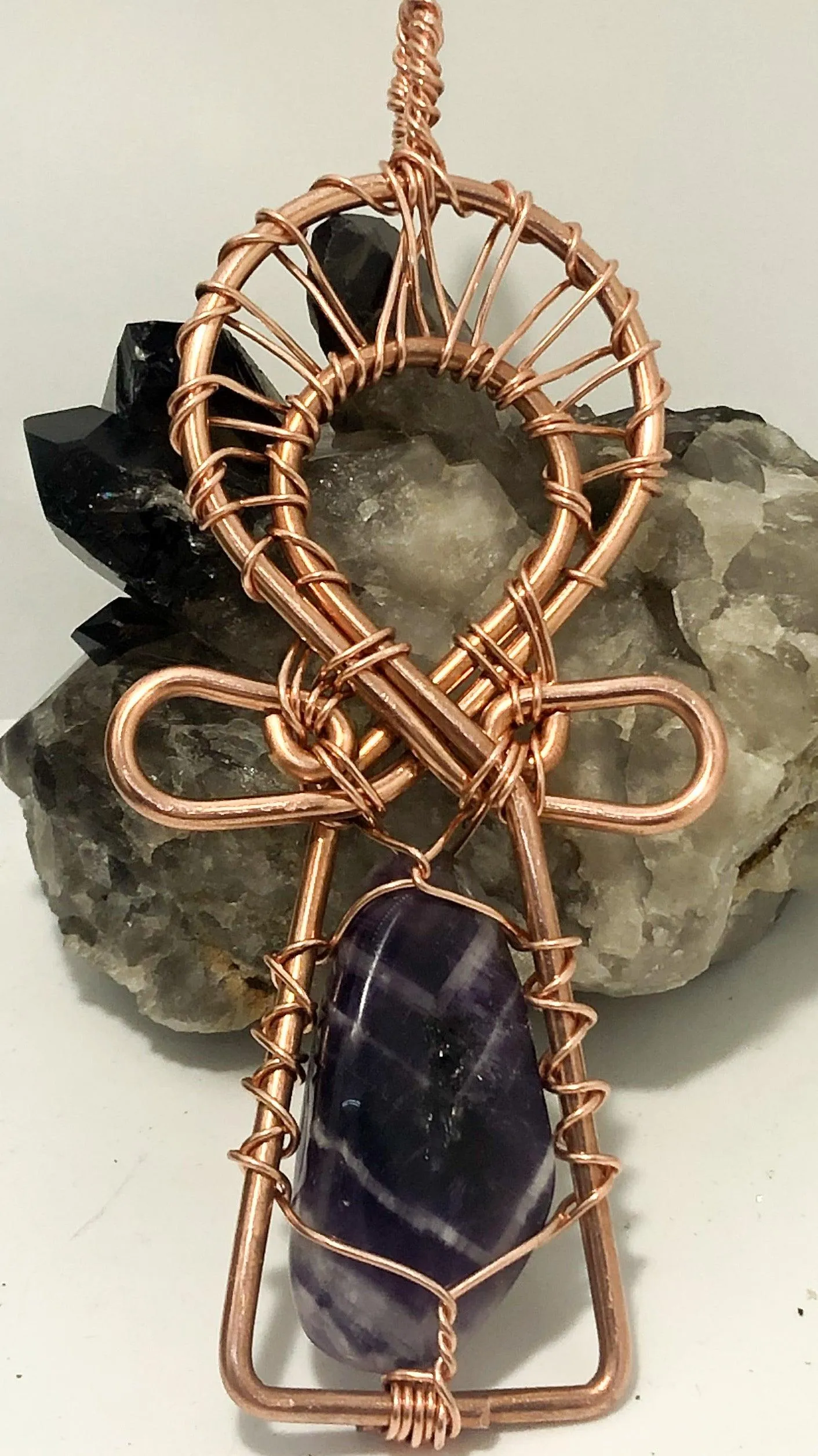 Chevron Amethyst Copper Ankh Pendant Wirewrapped with Copper Chain