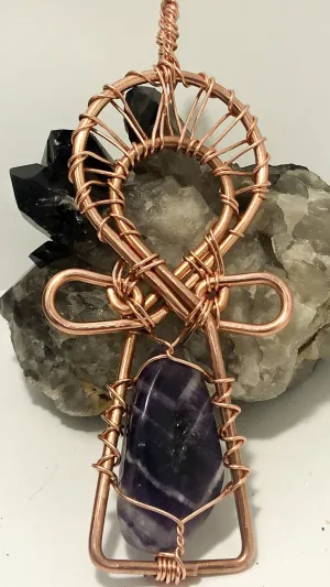Chevron Amethyst Copper Ankh Pendant Wirewrapped with Copper Chain