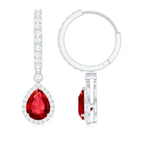 Classic Pear Cut Created Ruby and Moissanite Hoop Drop Earrings