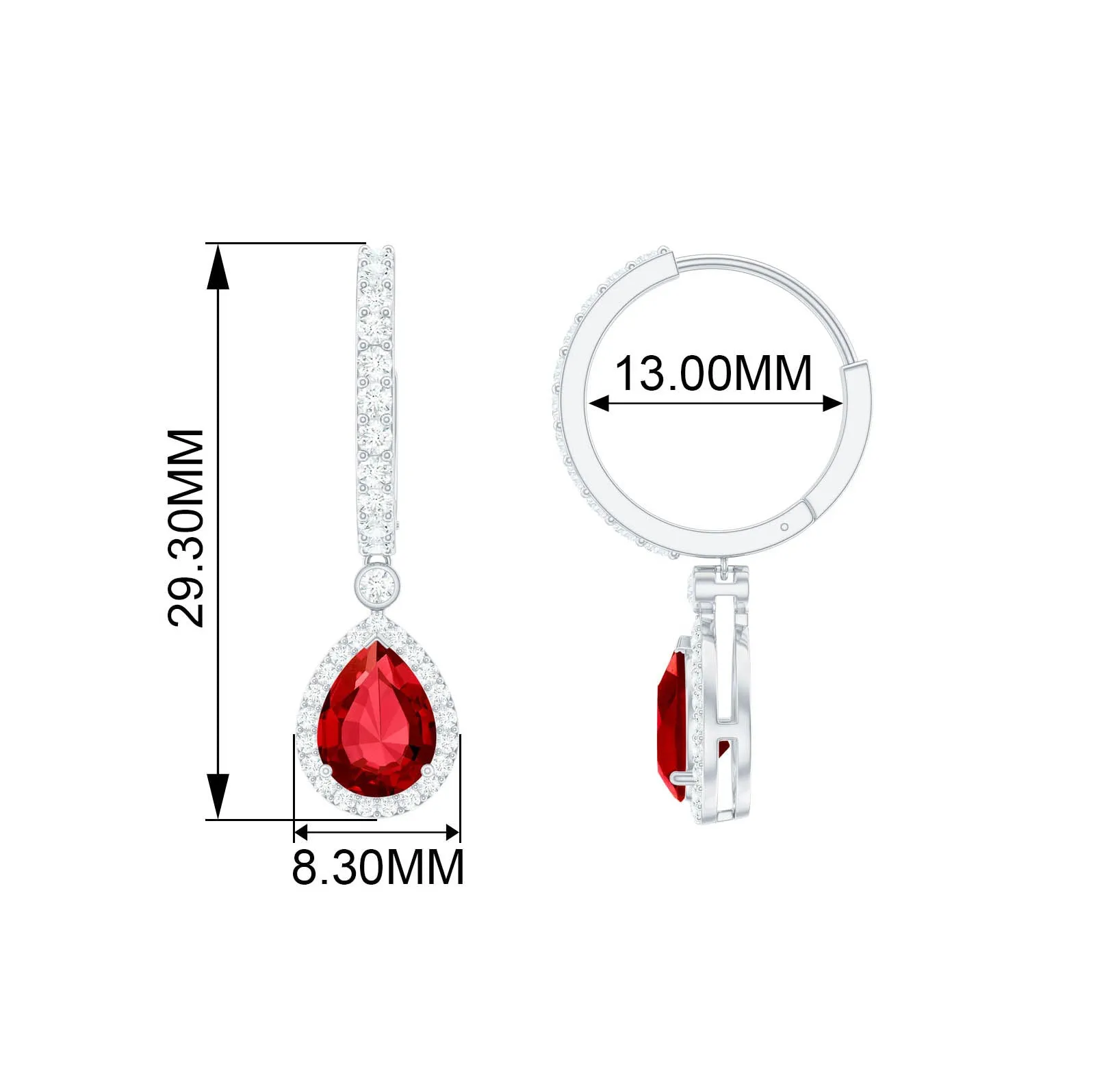 Classic Pear Cut Created Ruby and Moissanite Hoop Drop Earrings