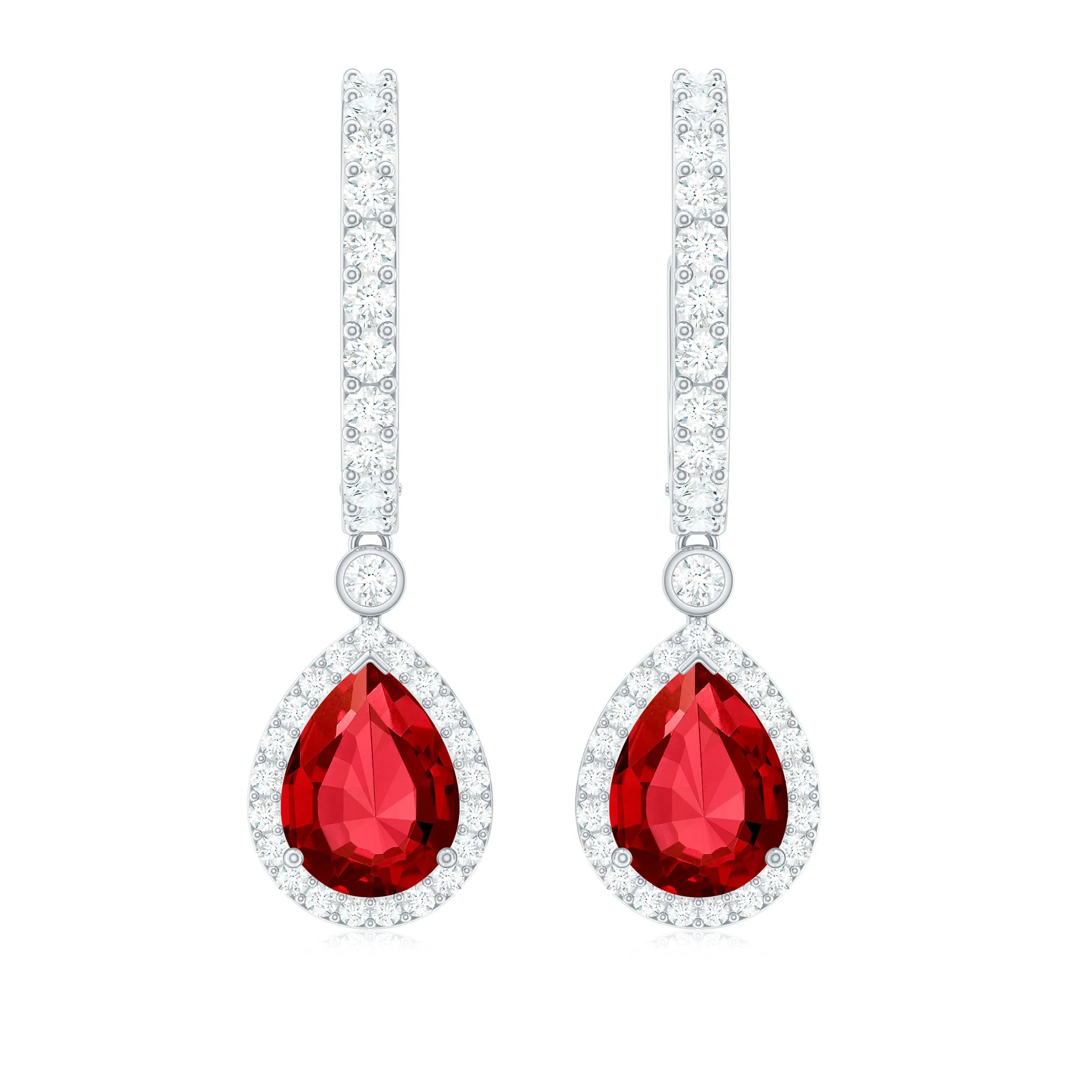 Classic Pear Cut Created Ruby and Moissanite Hoop Drop Earrings