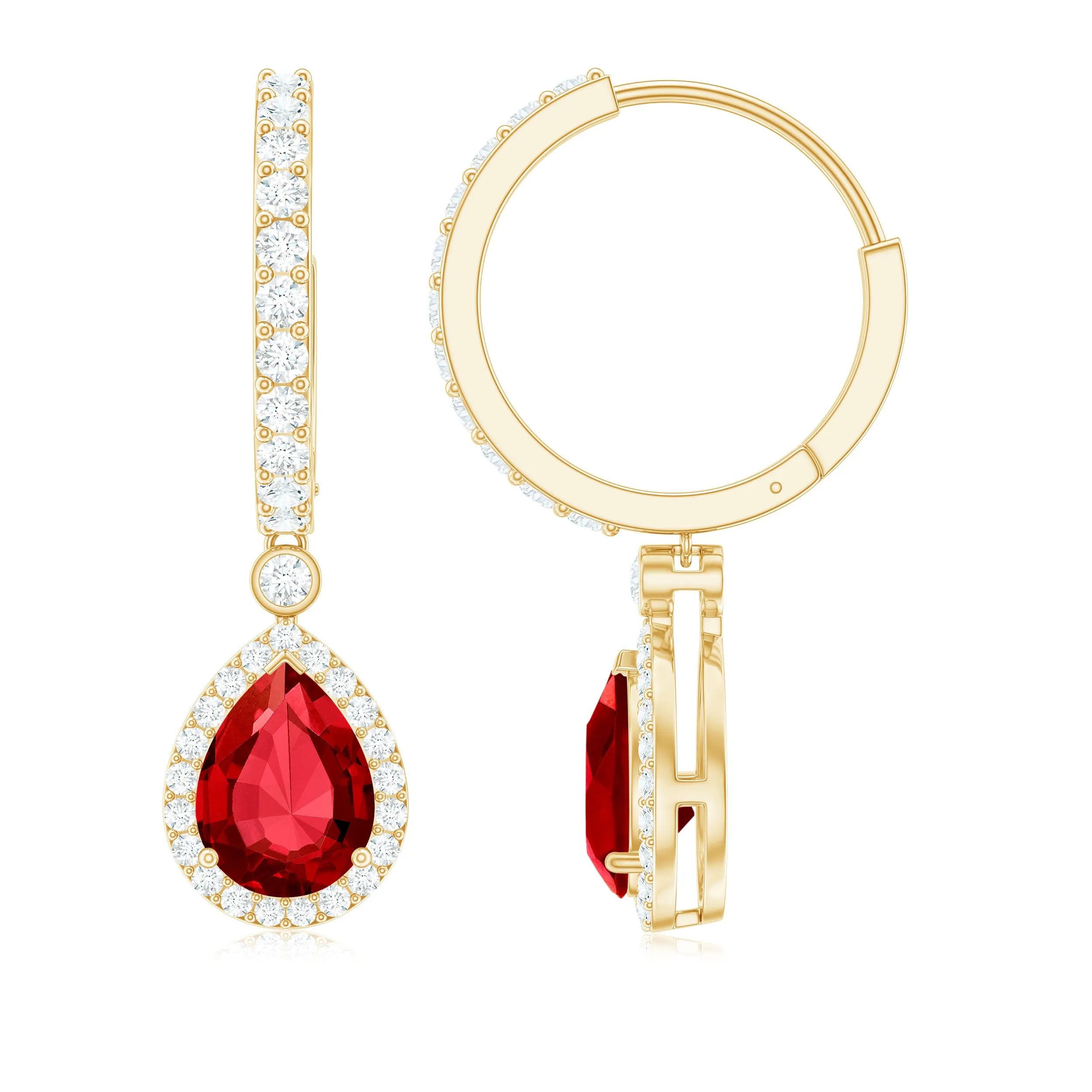 Classic Pear Cut Created Ruby and Moissanite Hoop Drop Earrings