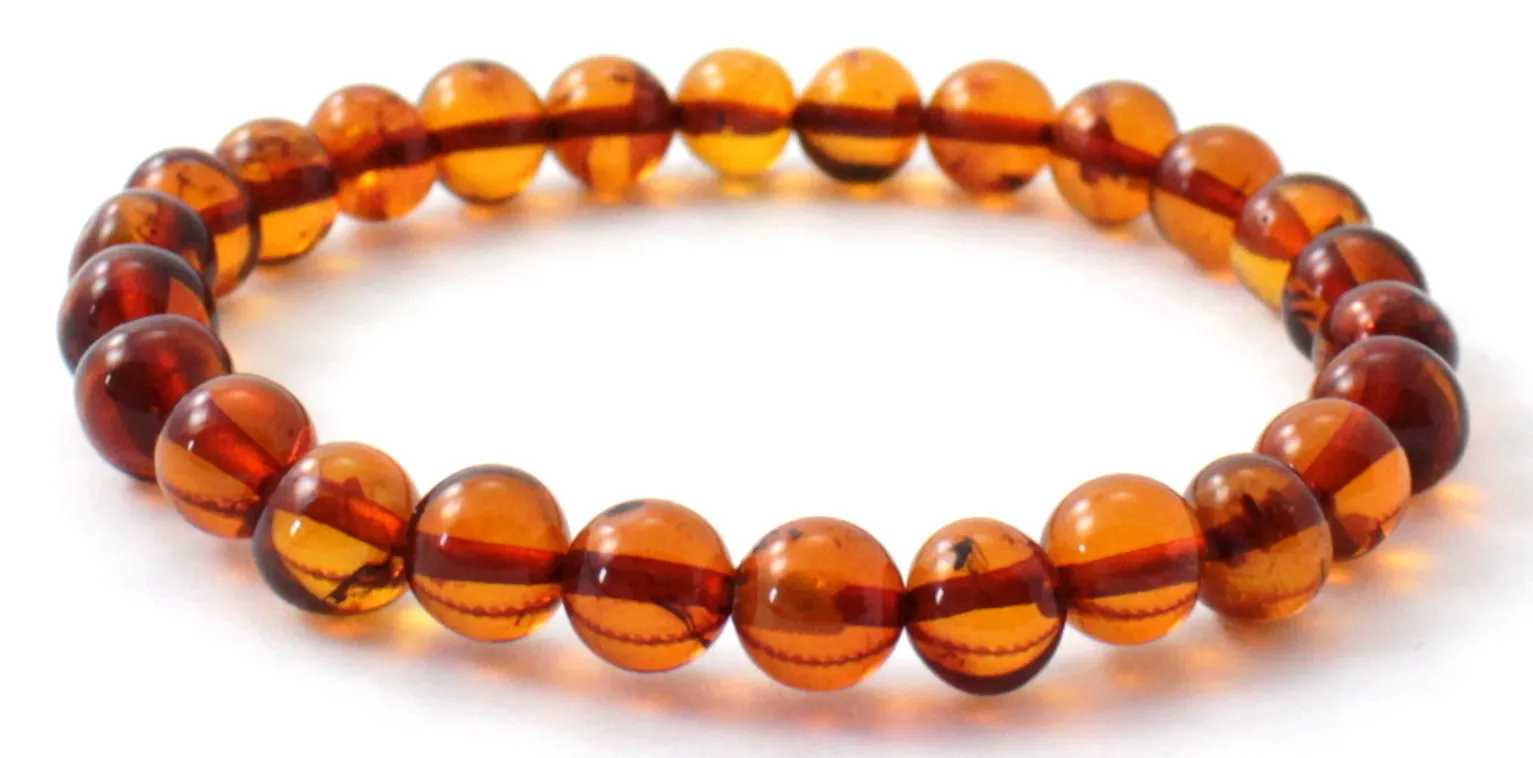 Cognac Brown Amber Stretch Bracelet for Women and Men - Beaded Gemstone Jewelry