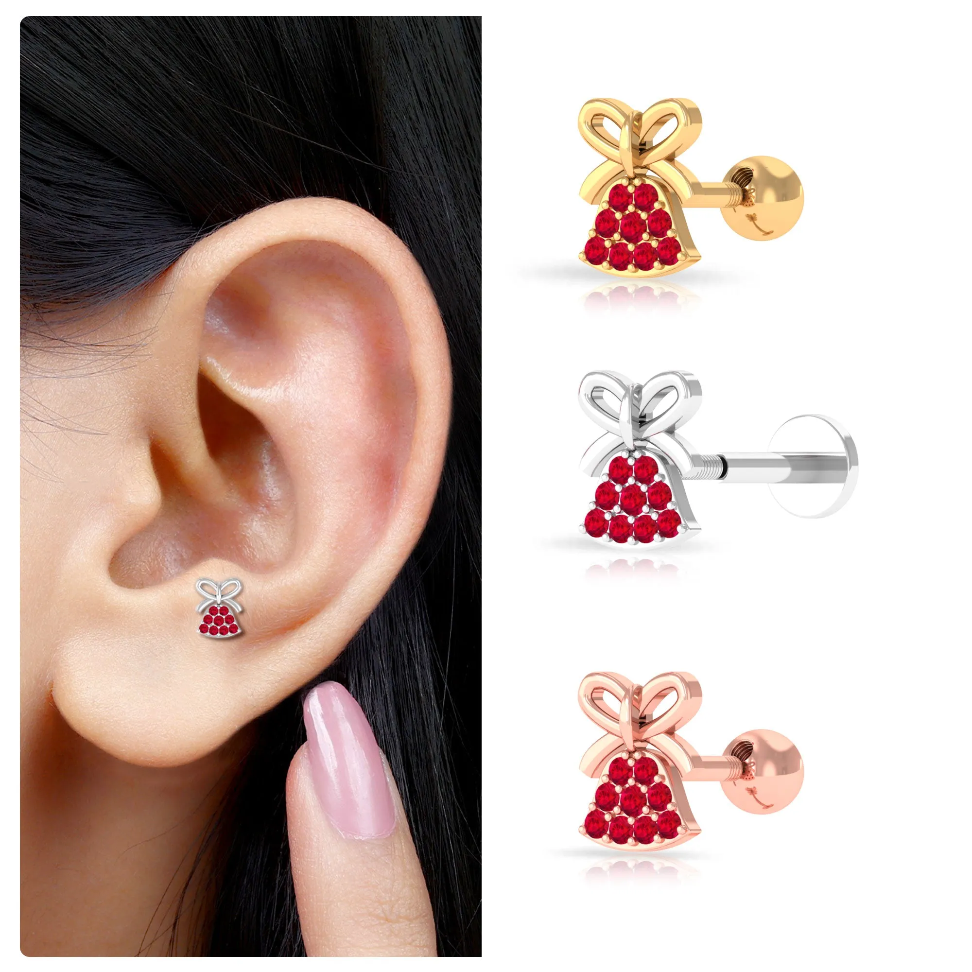 Created Ruby Christmas Jingle Bell and Bow Cartilage Earring