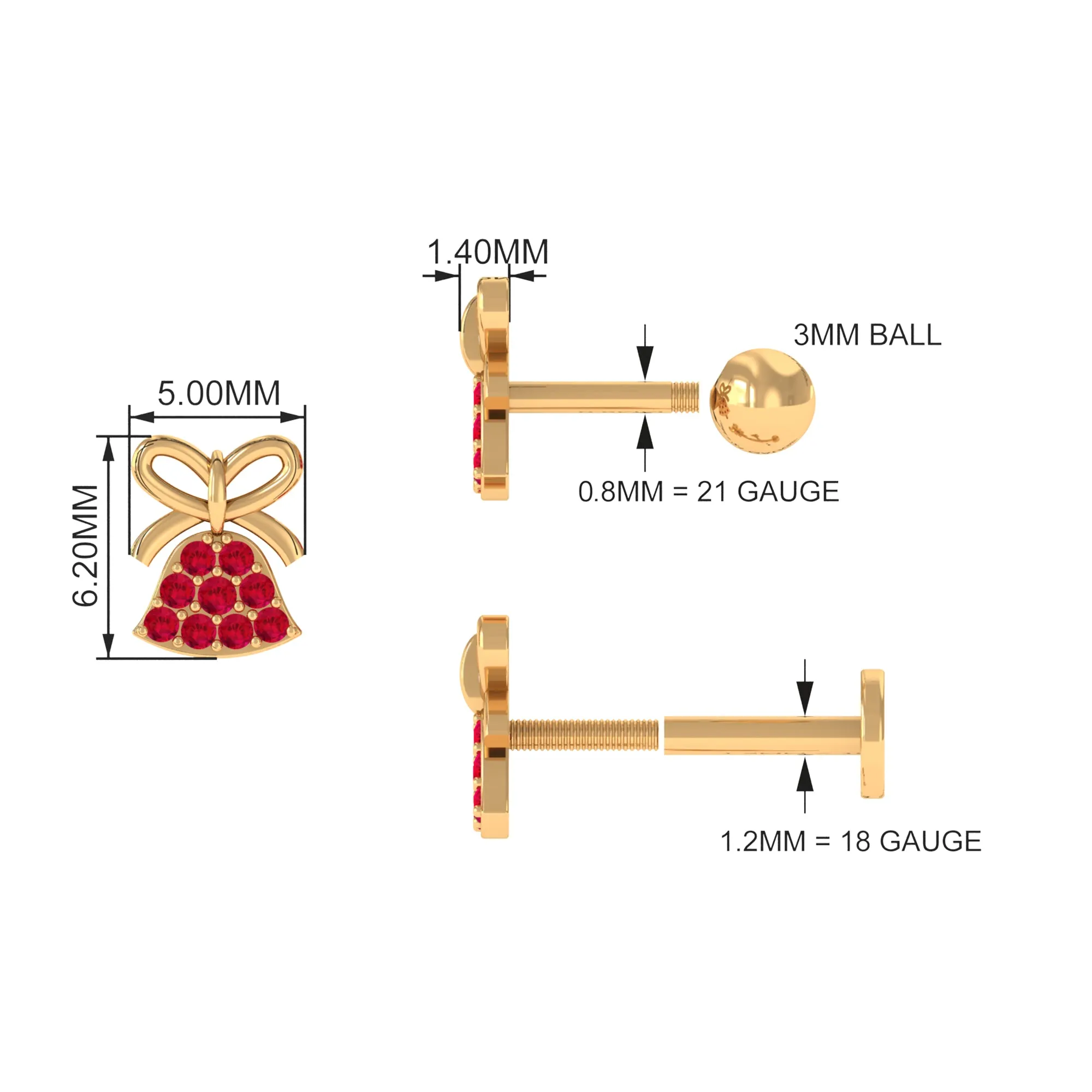 Created Ruby Christmas Jingle Bell and Bow Cartilage Earring