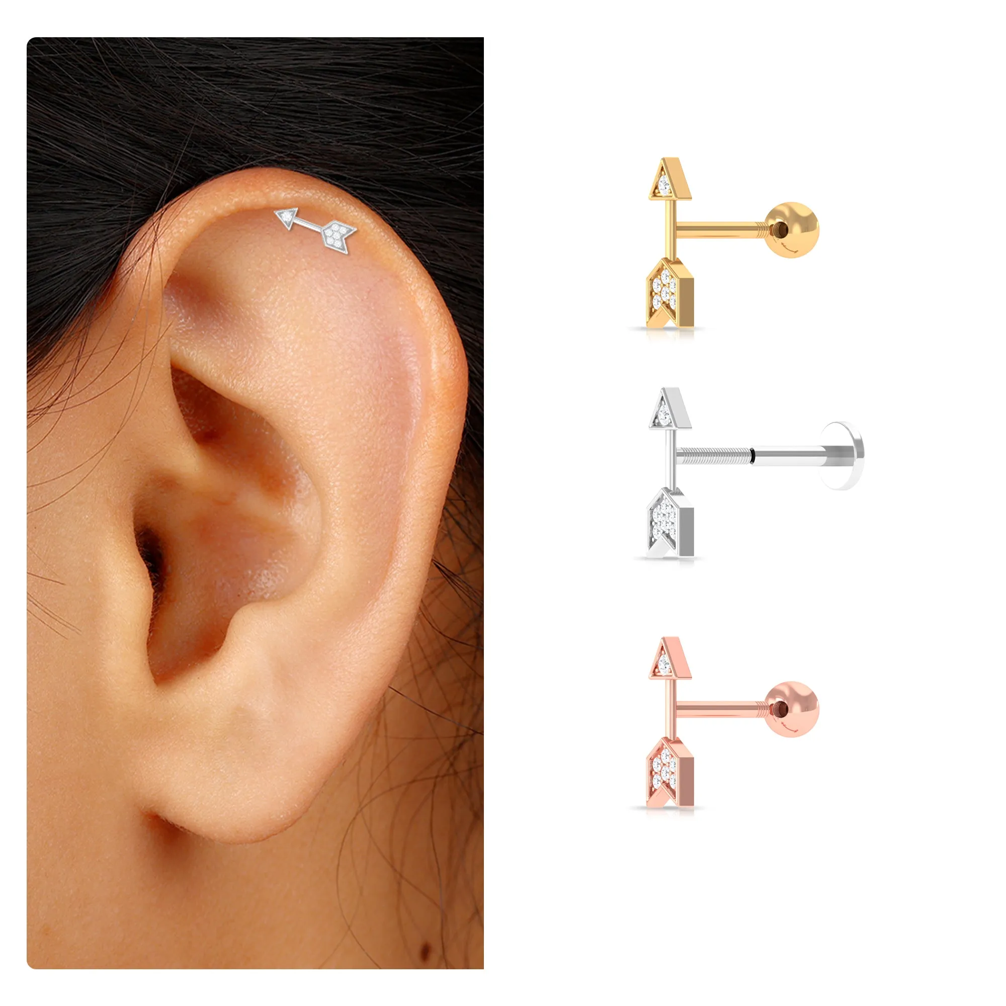 Dainty Diamond Gold Arrow Earring for Helix Piercing