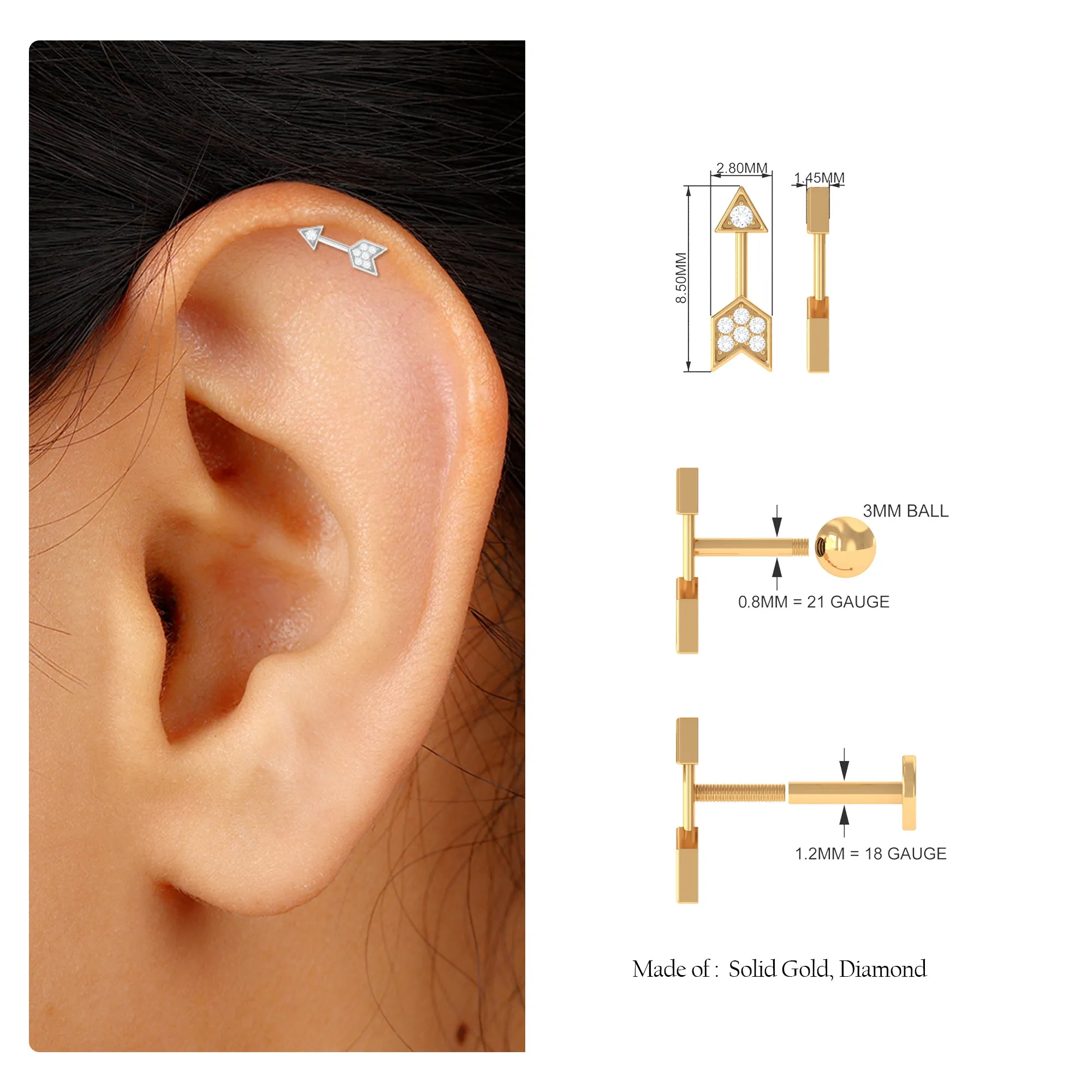 Dainty Diamond Gold Arrow Earring for Helix Piercing