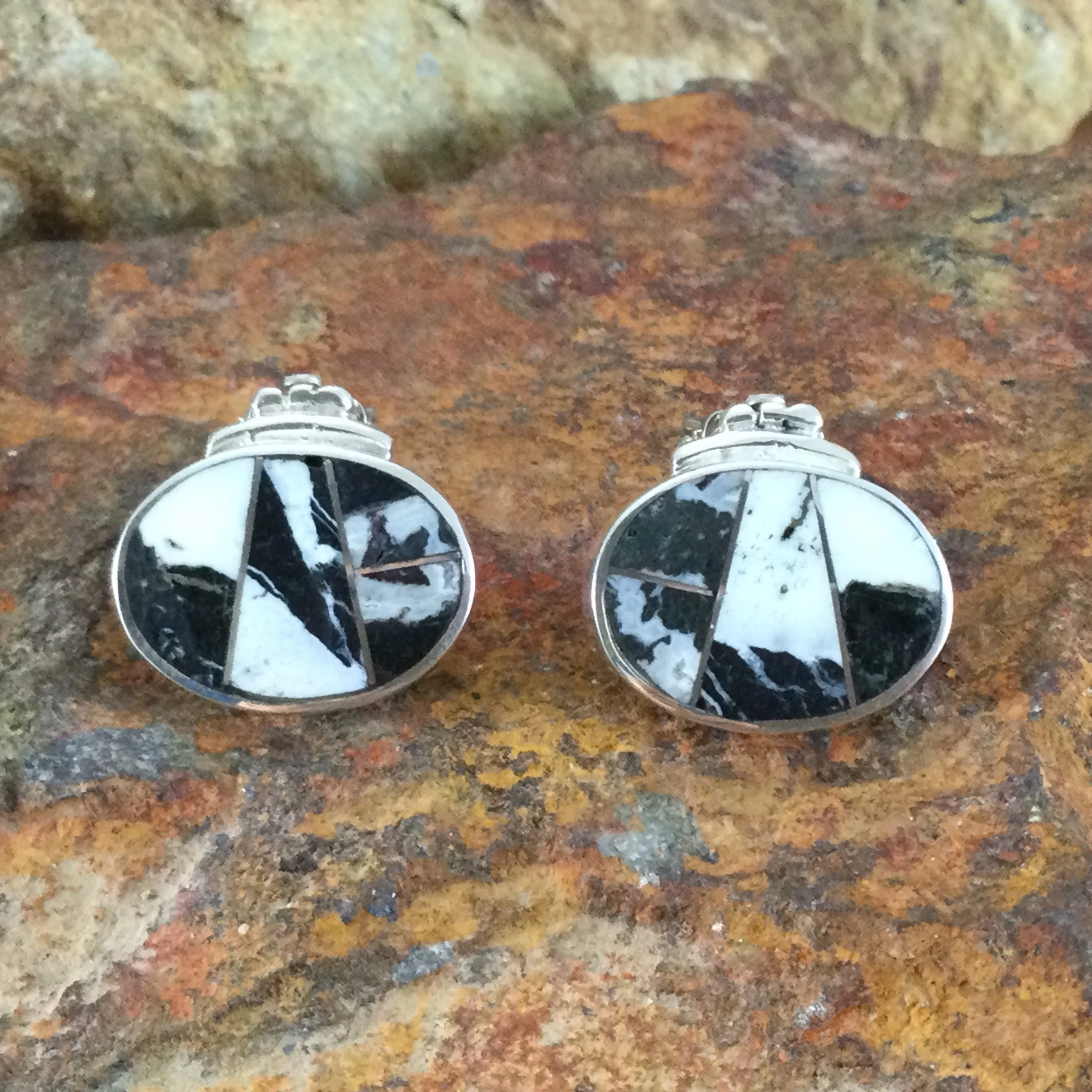 David Rosales White Buffalo Inlaid Sterling Silver Earrings Clip