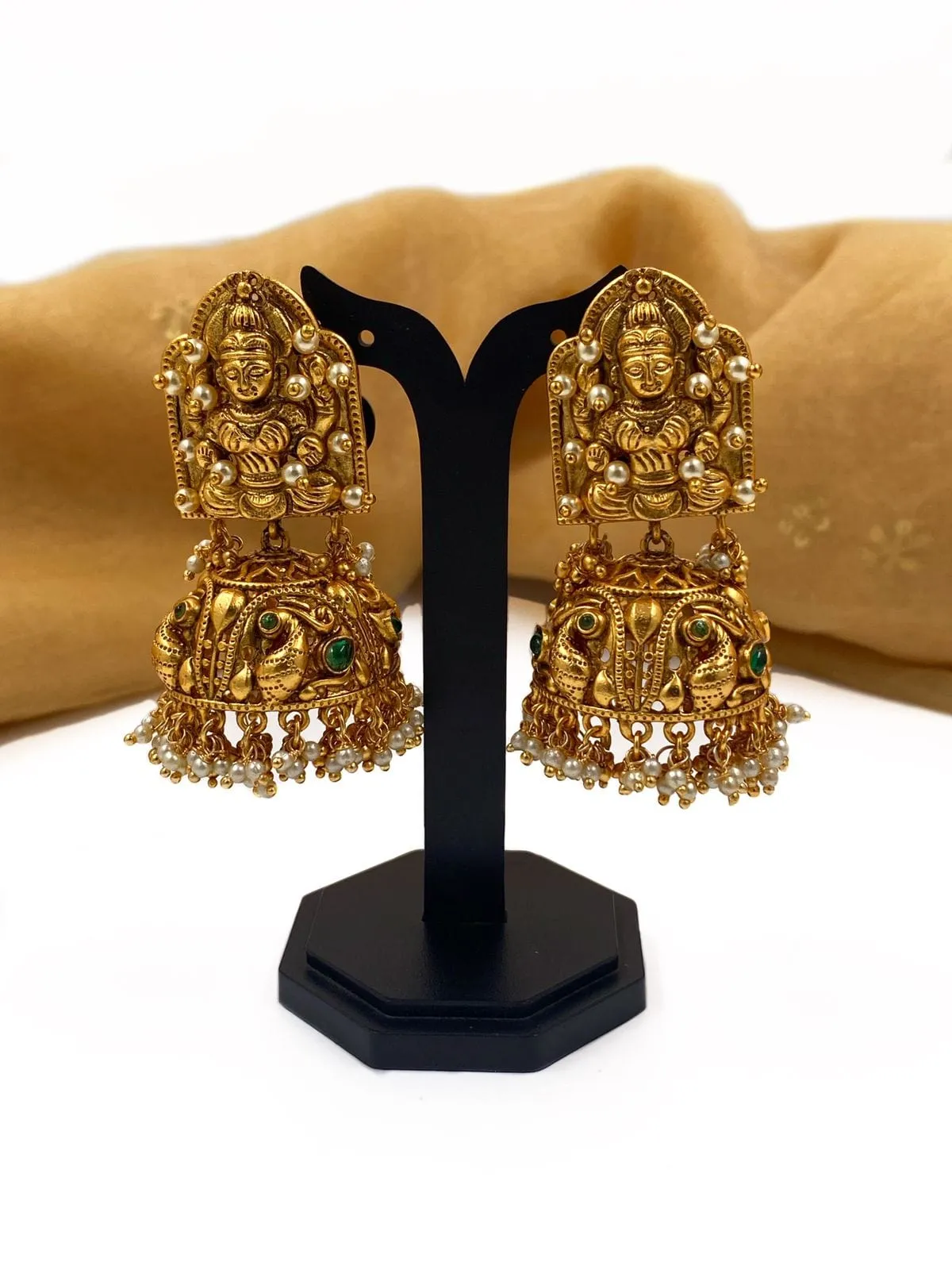 Designer Gold Plated Antique Golden Goddess Lakshmi Jhumka Earrings By Gehna Shop