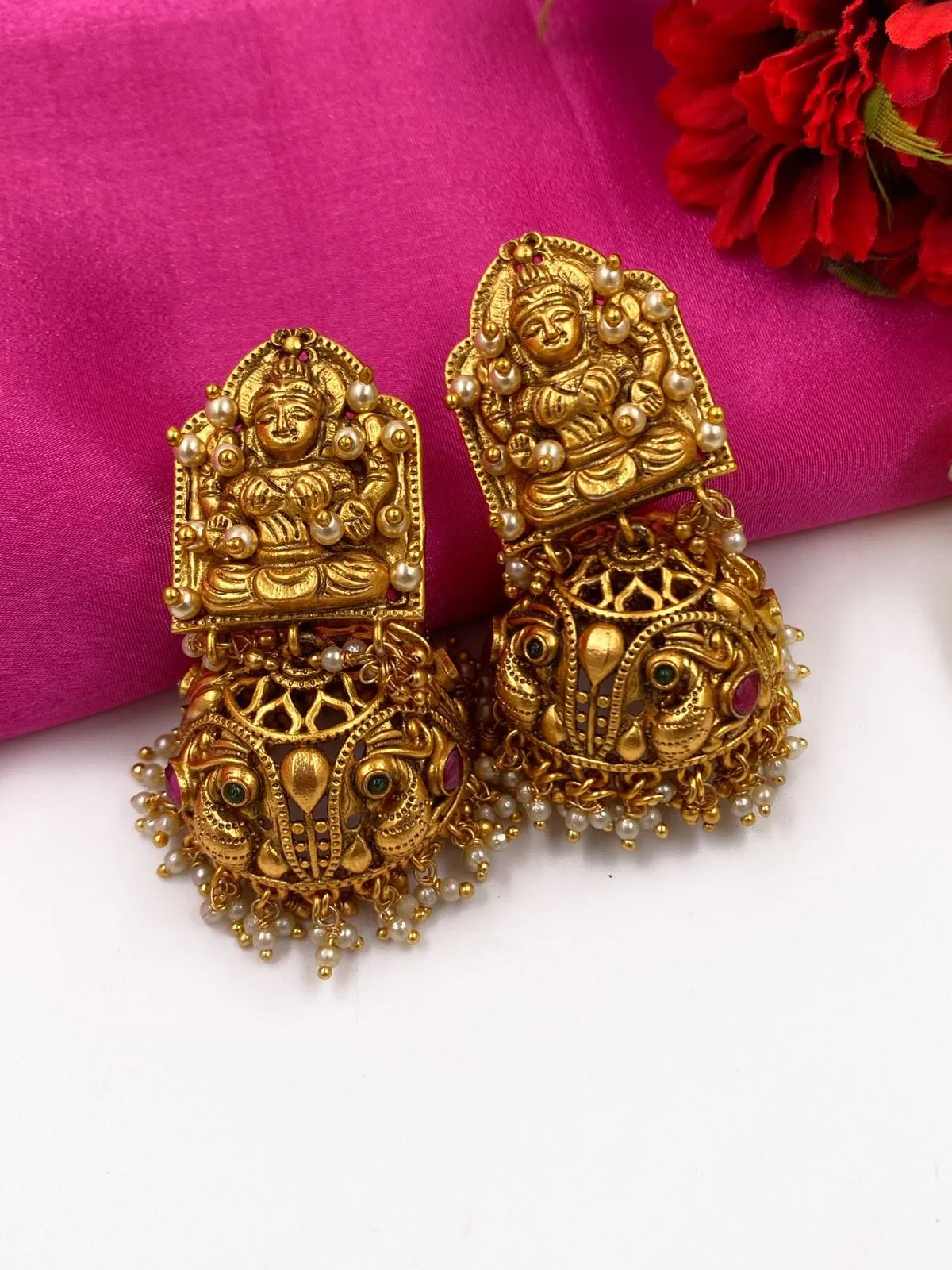 Designer Gold Plated Antique Golden Goddess Lakshmi Jhumka Earrings By Gehna Shop