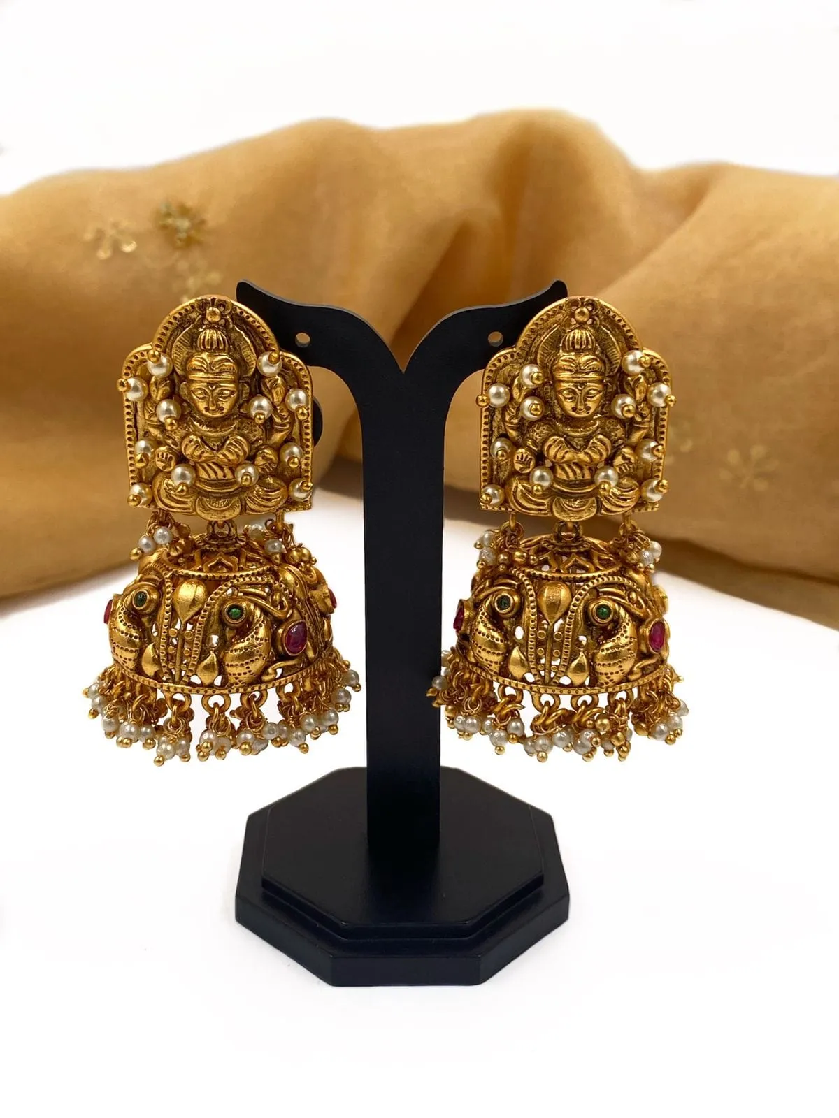 Designer Gold Plated Antique Golden Goddess Lakshmi Jhumka Earrings By Gehna Shop