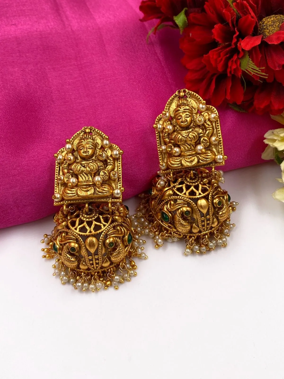 Designer Gold Plated Antique Golden Goddess Lakshmi Jhumka Earrings By Gehna Shop