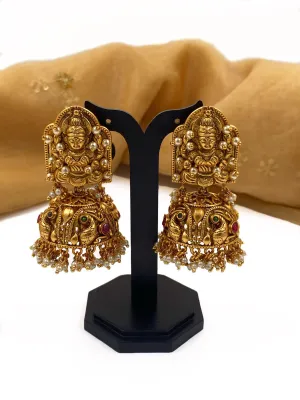 Designer Gold Plated Antique Golden Goddess Lakshmi Jhumka Earrings By Gehna Shop