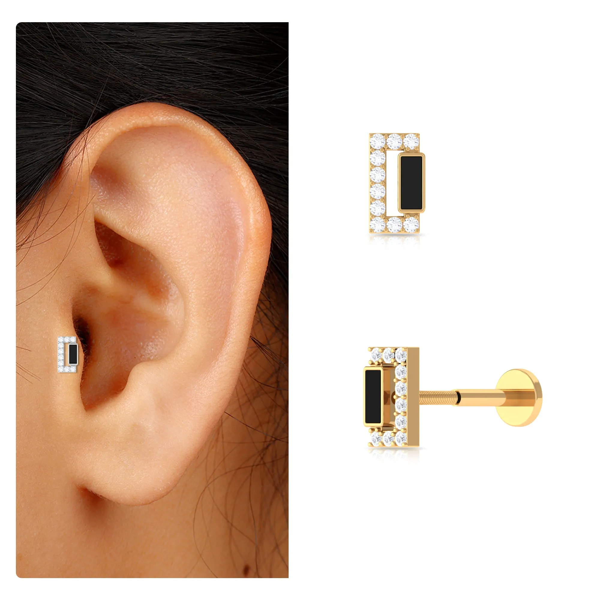 Diamond Gold Bar Tragus Earring with Black Enamel