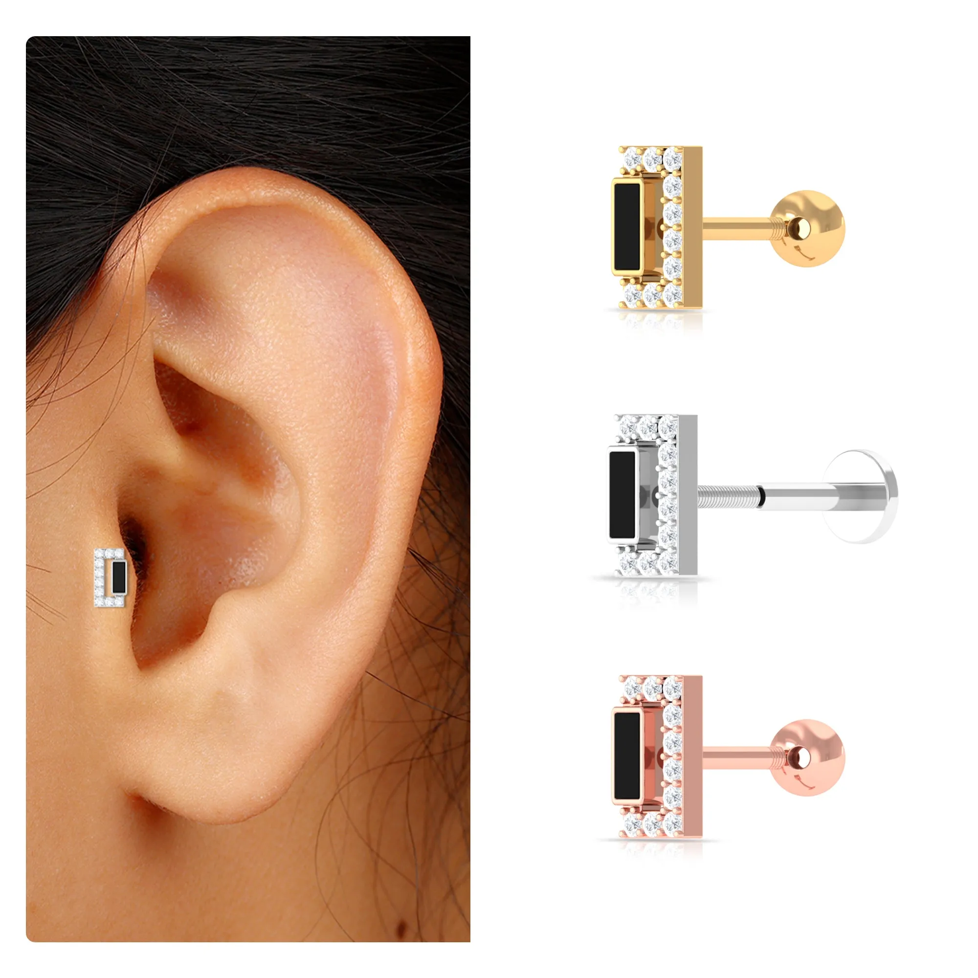 Diamond Gold Bar Tragus Earring with Black Enamel