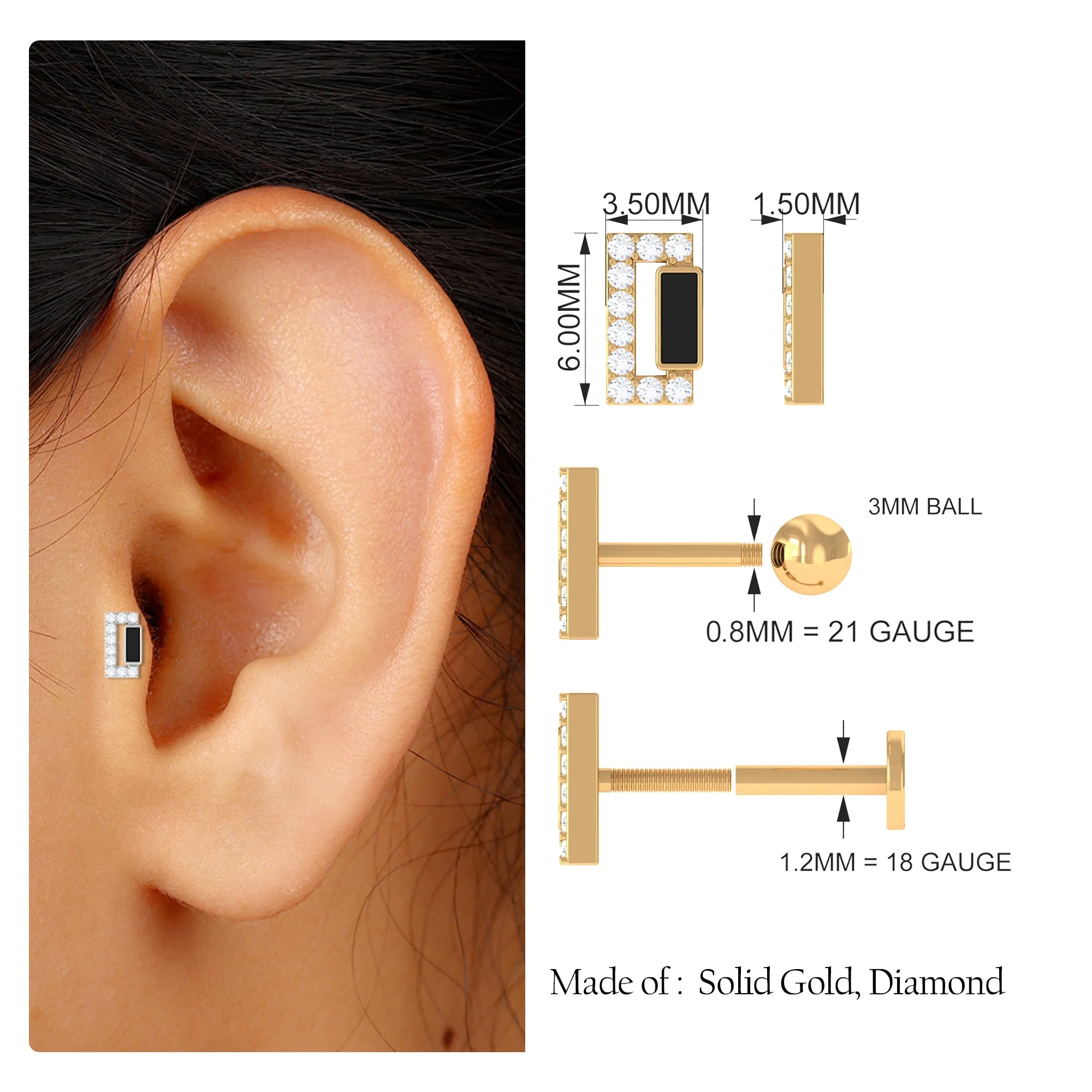 Diamond Gold Bar Tragus Earring with Black Enamel