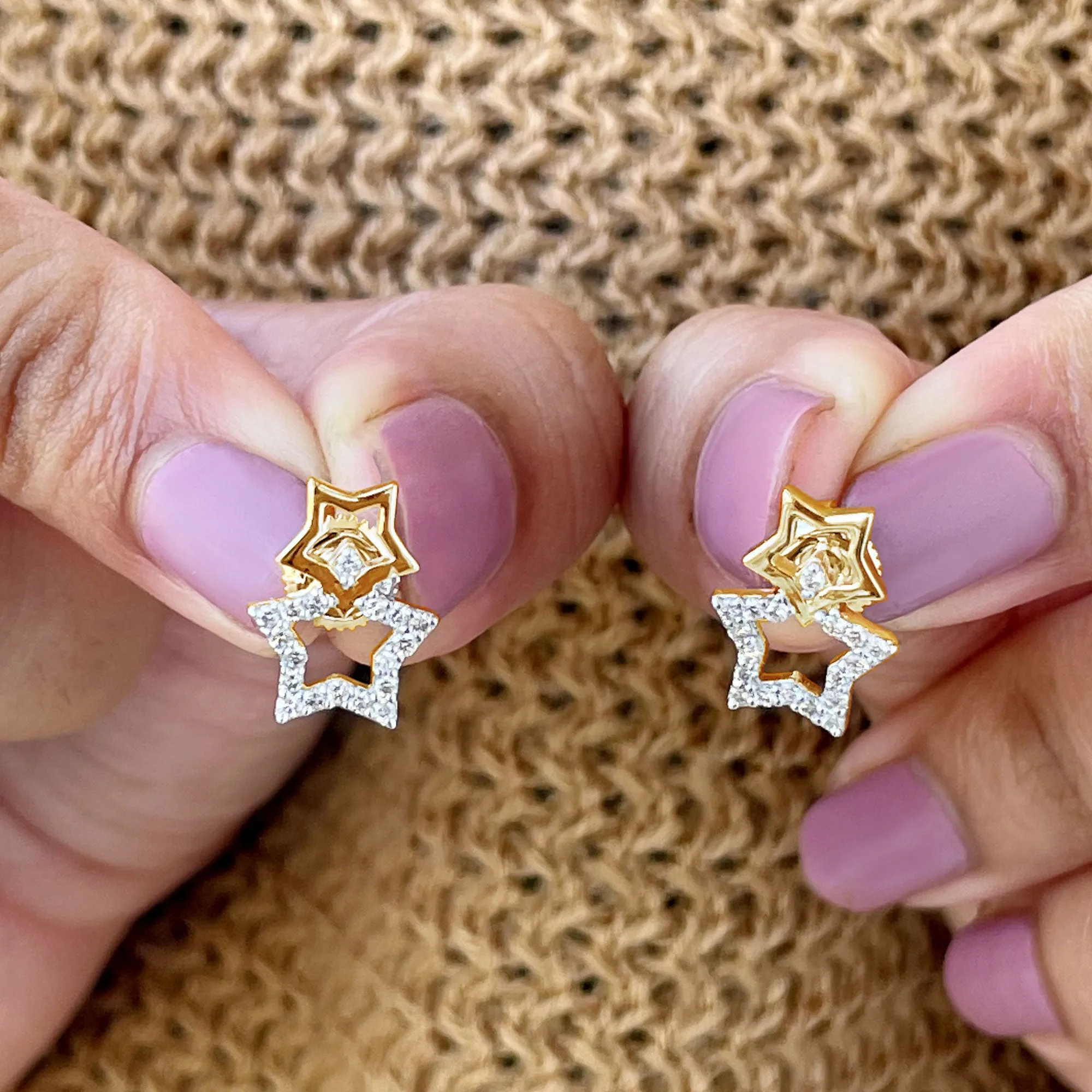Double Star Stud Earrings with Diamond