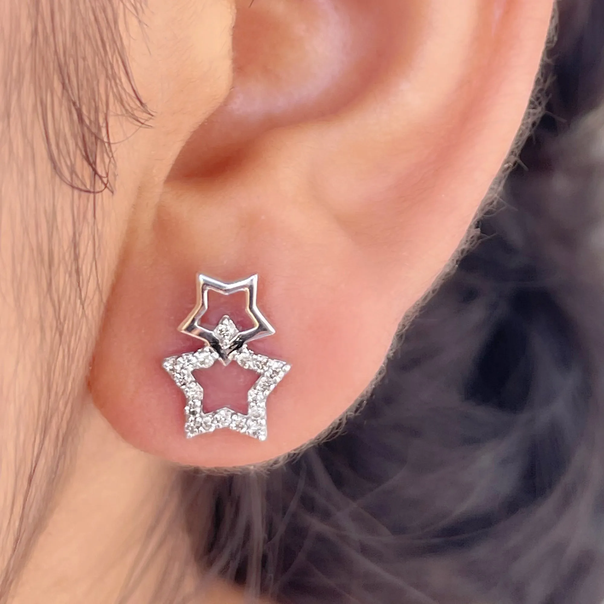 Double Star Stud Earrings with Diamond