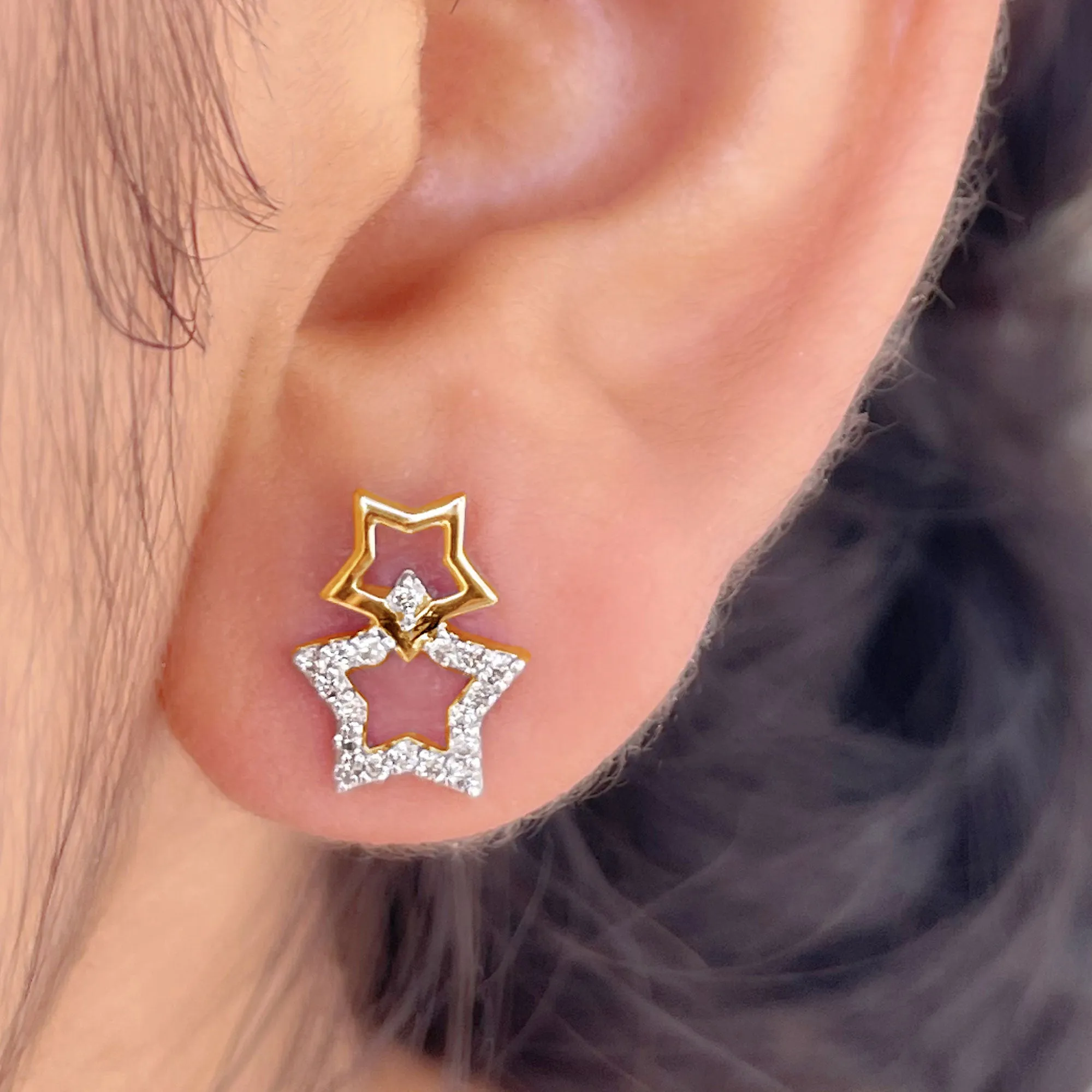 Double Star Stud Earrings with Diamond