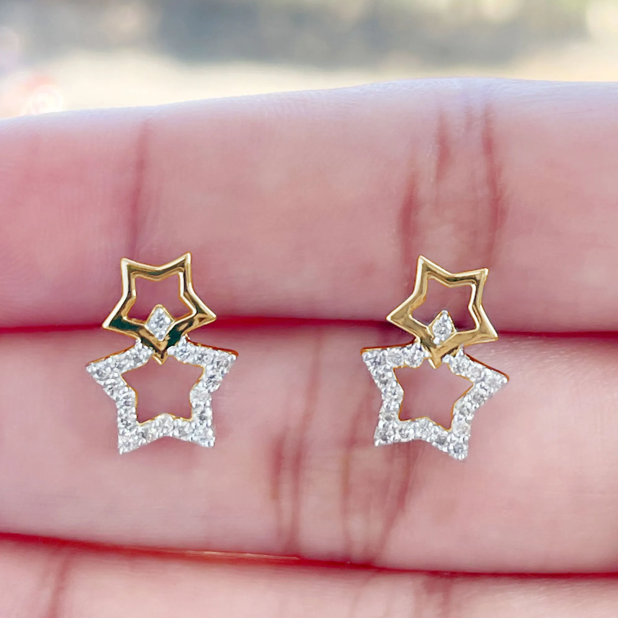Double Star Stud Earrings with Diamond