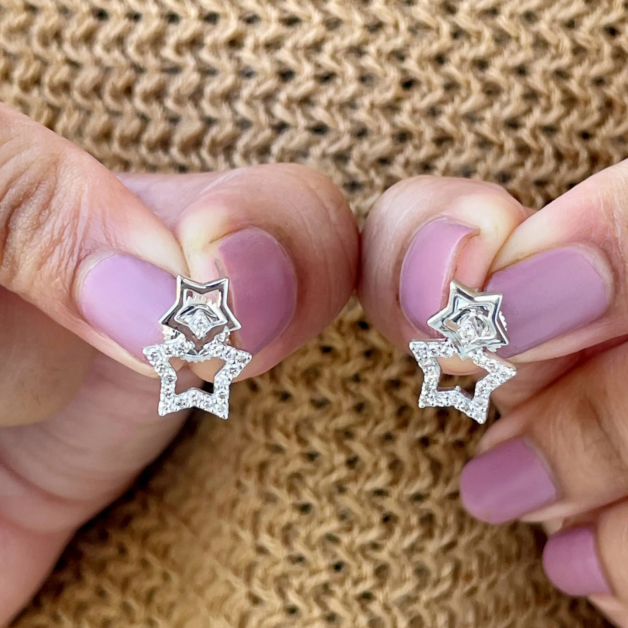 Double Star Stud Earrings with Diamond