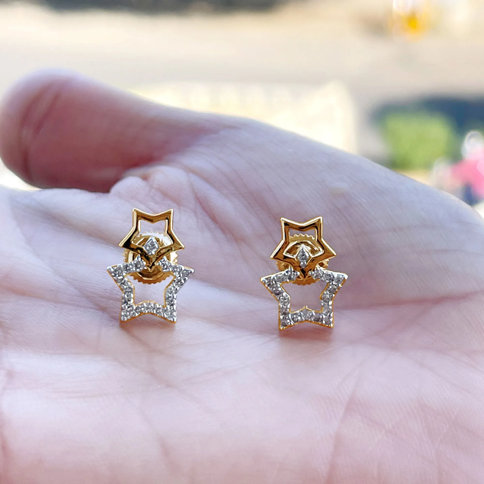 Double Star Stud Earrings with Diamond