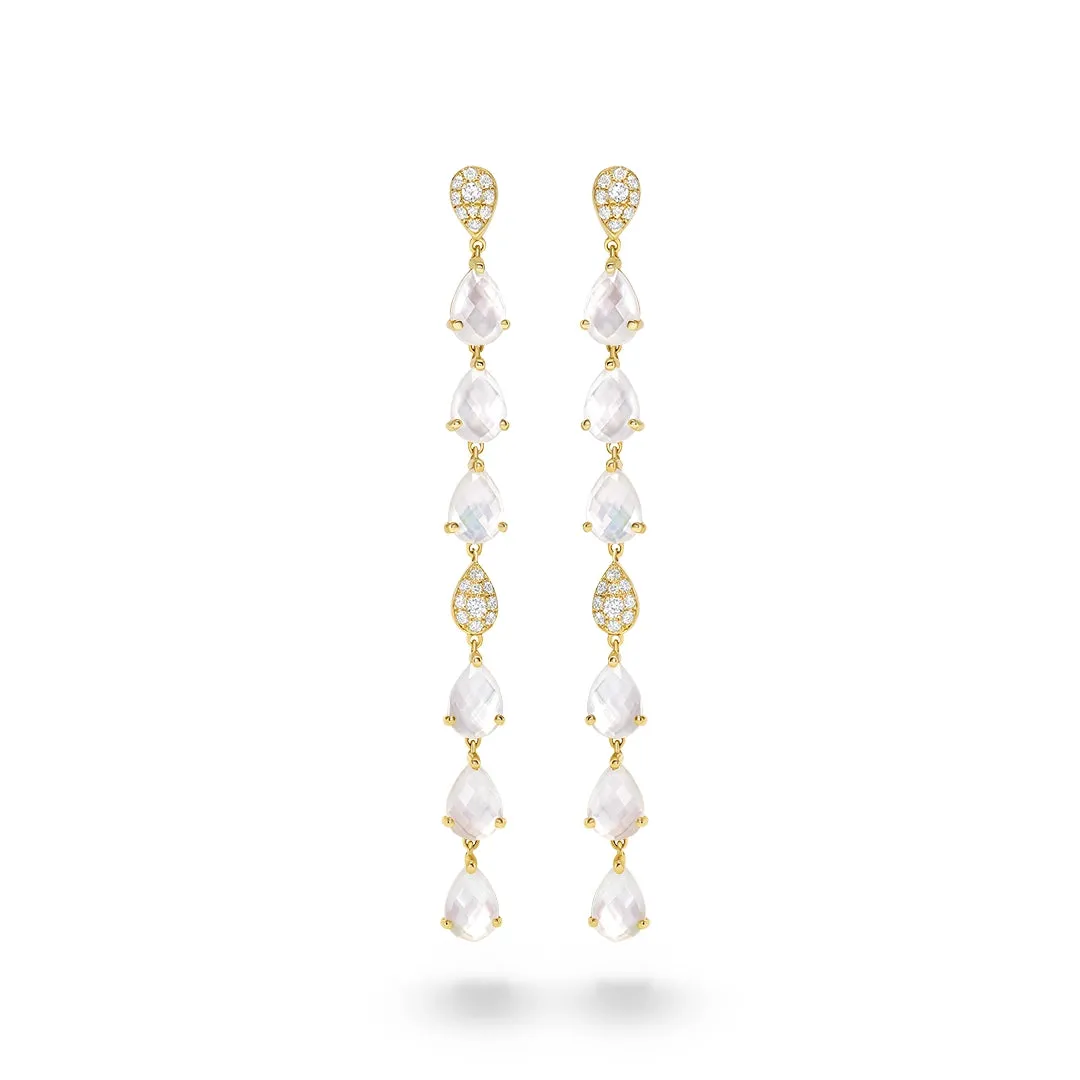 Doves 18K Yellow Gold Diamond Earrings with Clear Quartz over Mother of Pearl Doublet